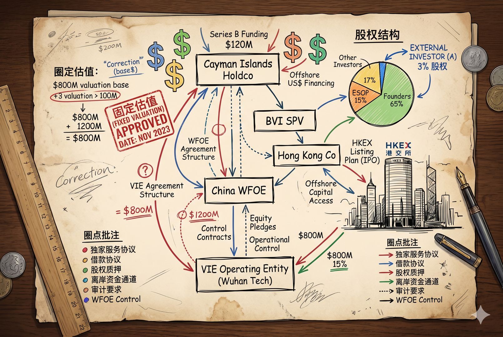 一张复杂的融资结构图铺满桌面，美元符号、VIE架构框图、香港交易所剪影、3%股权圆饼图和“固定估值”印章同时出现，像一份被圈点批注的投资备忘录，羊皮纸，钢笔彩色手绘的统一风格。