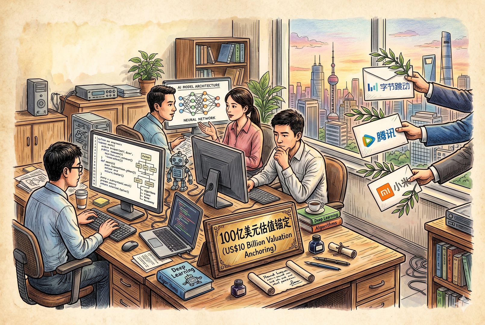 一间AI办公室里，几位核心工程师坐在电脑前，窗外伸来多只写着字节、腾讯、小米的邀请函与橄榄枝，桌上则摆着一块写有“100亿美元估值锚定”的铭牌，羊皮纸，钢笔彩色手绘的统一风格。