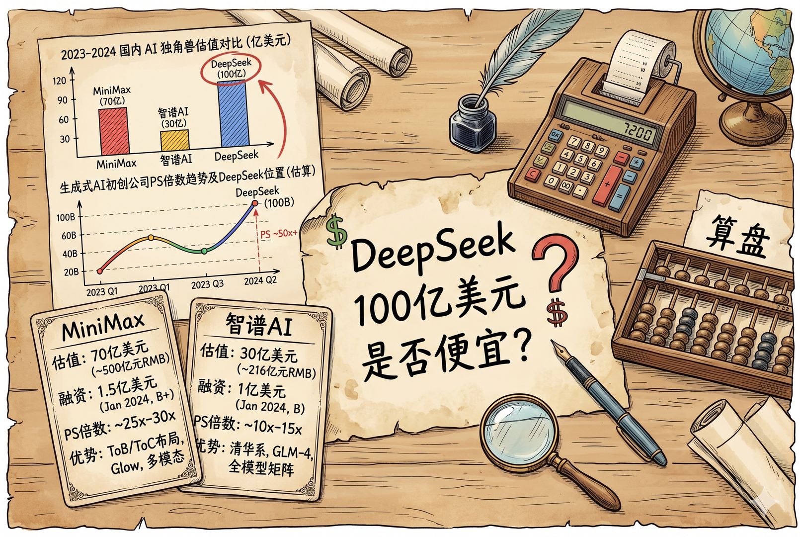 投资分析师的书桌上摆着两张公司对比卡，分别写着MiniMax与智谱AI，旁边有柱状图、PS倍数曲线和算盘，桌面中央留下“DeepSeek 100亿美元是否便宜”的手写问题，羊皮纸，钢笔彩色手绘的统一风格。