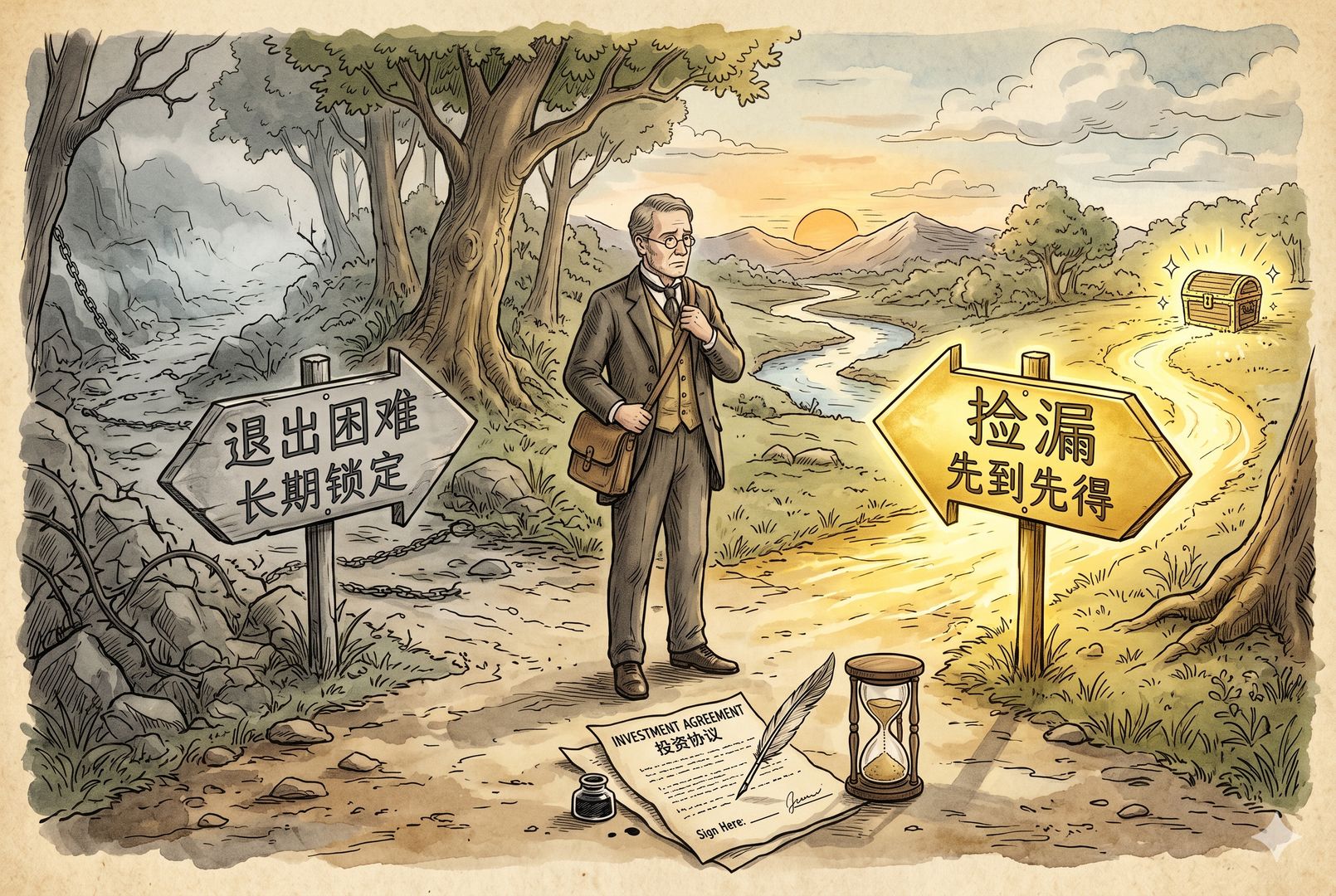 一名基金经理站在岔路口，一边是写着“捡漏”“先到先得”的金色箭头，另一边是写着“退出困难”“长期锁定”的灰色箭头，脚边放着未签字的投资协议和沙漏，羊皮纸，钢笔彩色手绘的统一风格。