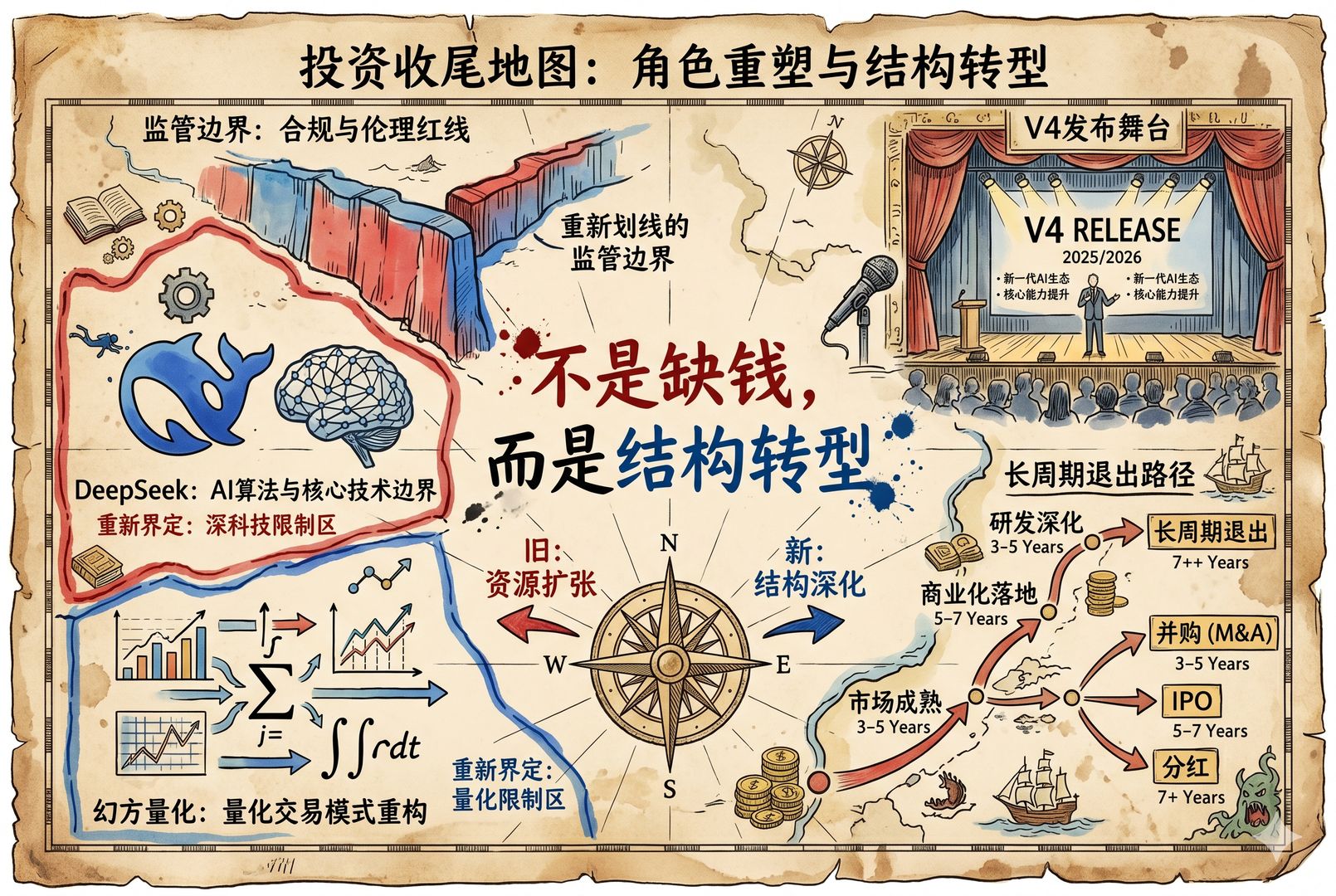 一张收尾性质的投资地图，左侧是DeepSeek、幻方量化、监管边界三者被重新划线，右侧是V4发布舞台与长周期退出路径，中央用红蓝墨水写着“不是缺钱，而是结构转型”，羊皮纸，钢笔彩色手绘的统一风格。
