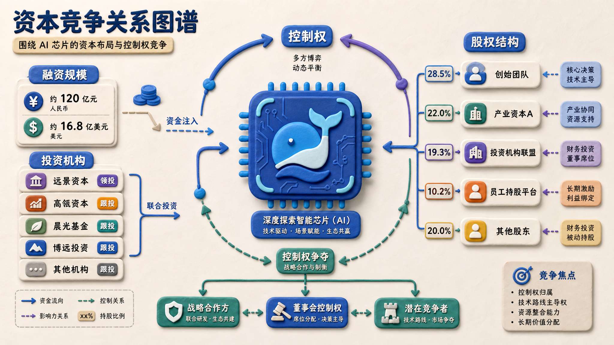 DeepSeek 标志性的抽象芯片立在画面中央,周围环绕融资数字、投资机构名牌和控制权箭头,形成一张资本争夺关系图,浅色背景的商业评论版橡皮泥平面信息图的统一风格。