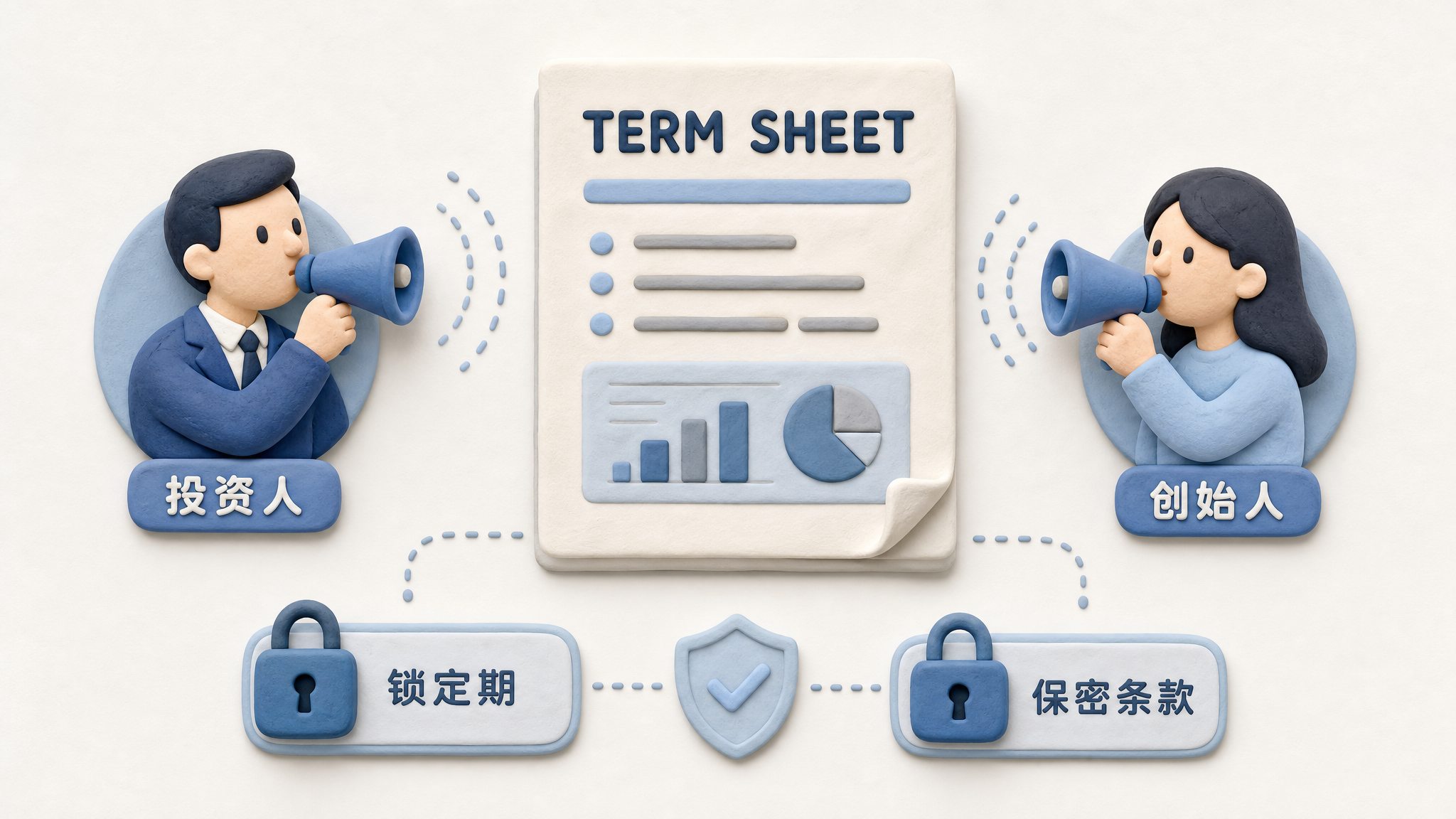 一份写着 term sheet 的文件放在桌面中央,两侧分别是投资人与创始人用小喇叭悄悄放出消息,锁定期和保密条款以锁头图标标注,浅色背景的商业评论版橡皮泥平面信息图的统一风格。