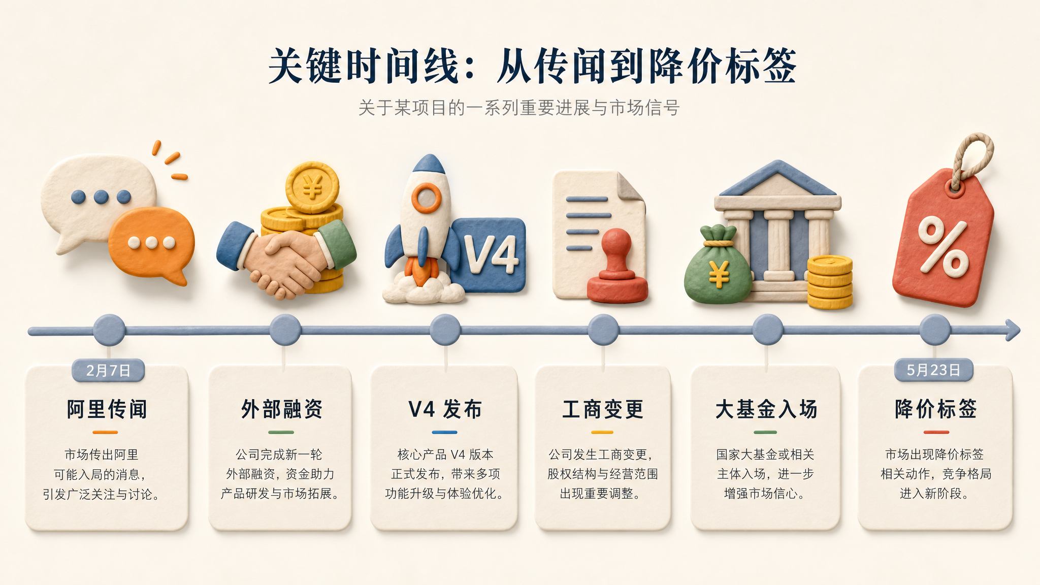 横向时间轴从 2 月 7 号延伸到 5 月 23 日,节点上依次摆放阿里传闻、外部融资、V4 发布、工商变更、大基金入场和降价标签,浅色背景的商业评论版橡皮泥平面信息图的统一风格。