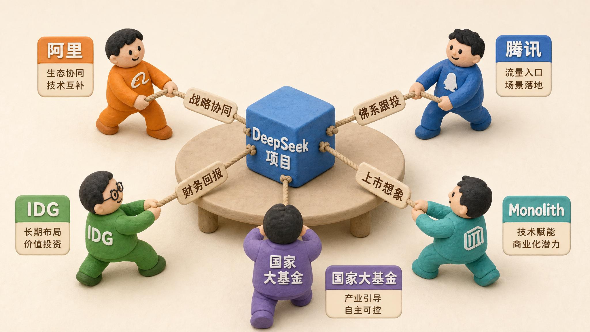 一张圆桌上摆着 DeepSeek 项目立方体,阿里、腾讯、IDG、Monolith 和国家大基金以不同颜色的小人从不同方向拉动绳索,绳索标签分别写着战略协同、佛系跟投、财务回报和上市想象,浅色背景的商业评论版橡皮泥平面信息图的统一风格。