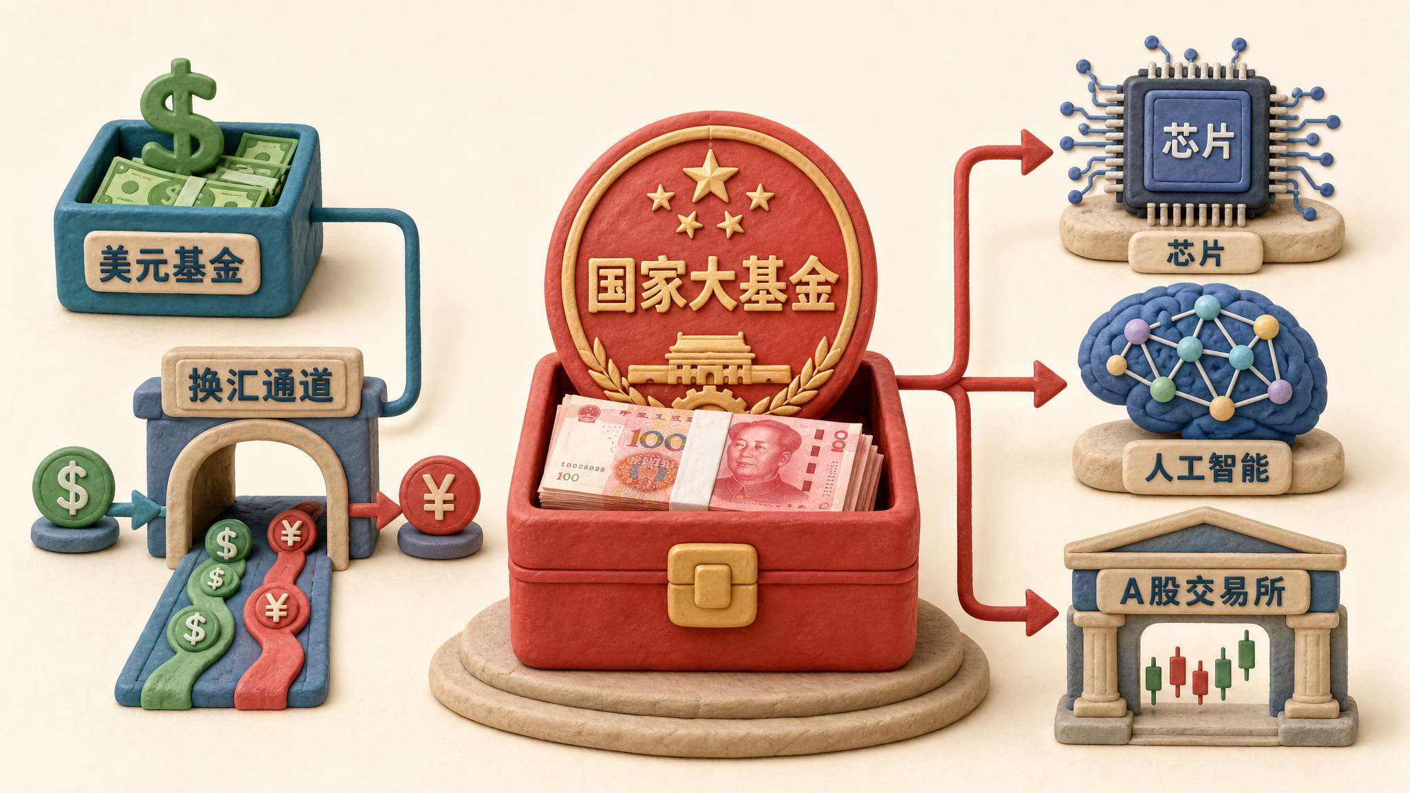 国家大基金以红色印章和人民币基金箱的形象进入画面,左侧连接美元基金和换汇通道,右侧连接芯片、人工智能和 A 股交易所大门,浅色背景的商业评论版橡皮泥平面信息图的统一风格。