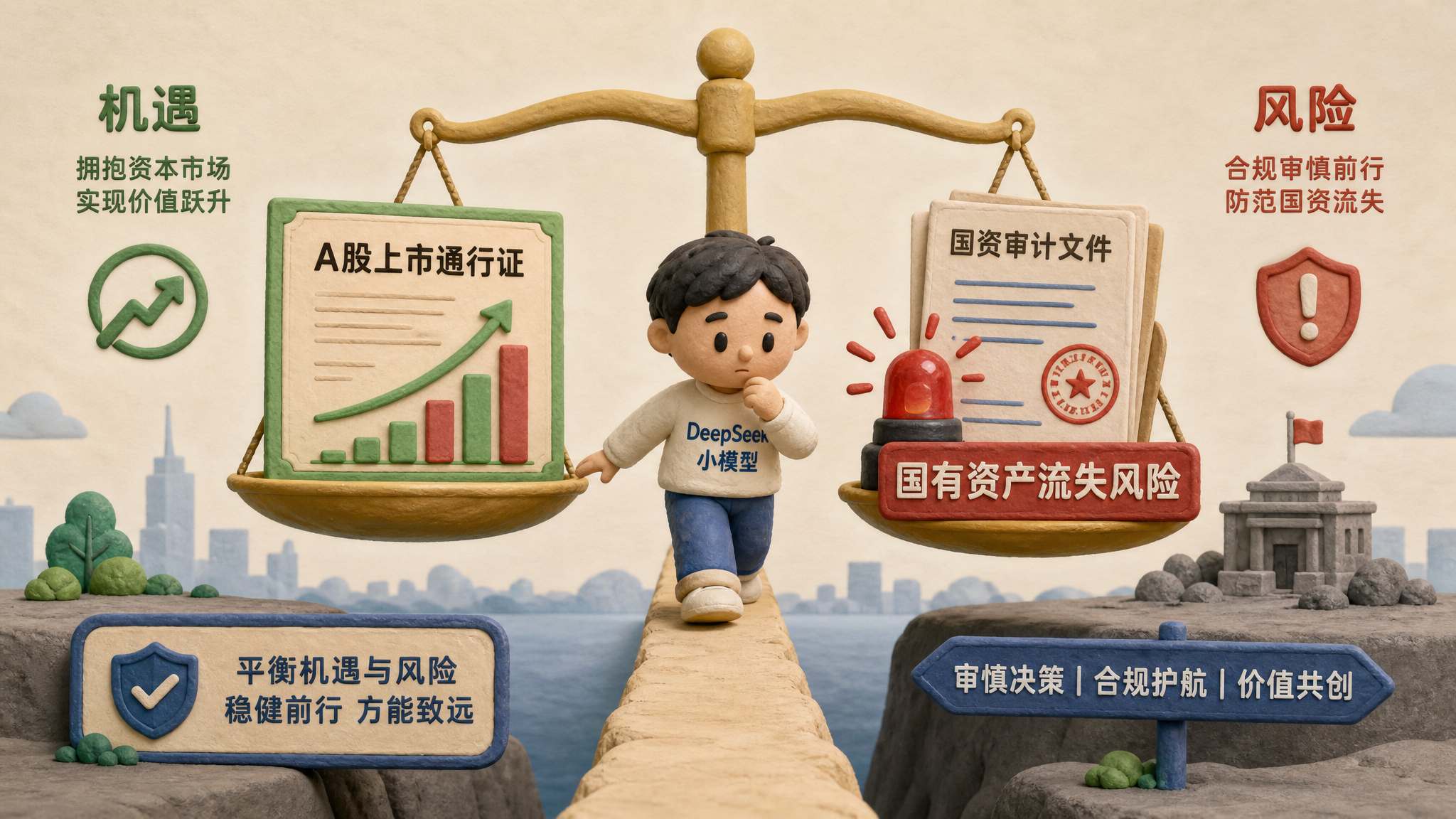 一架天平左侧放着 A 股上市通行证和上涨曲线,右侧放着国资审计文件、警示灯和国有资产流失风险标签,DeepSeek 小模型站在中间谨慎前行,浅色背景的商业评论版橡皮泥平面信息图的统一风格。