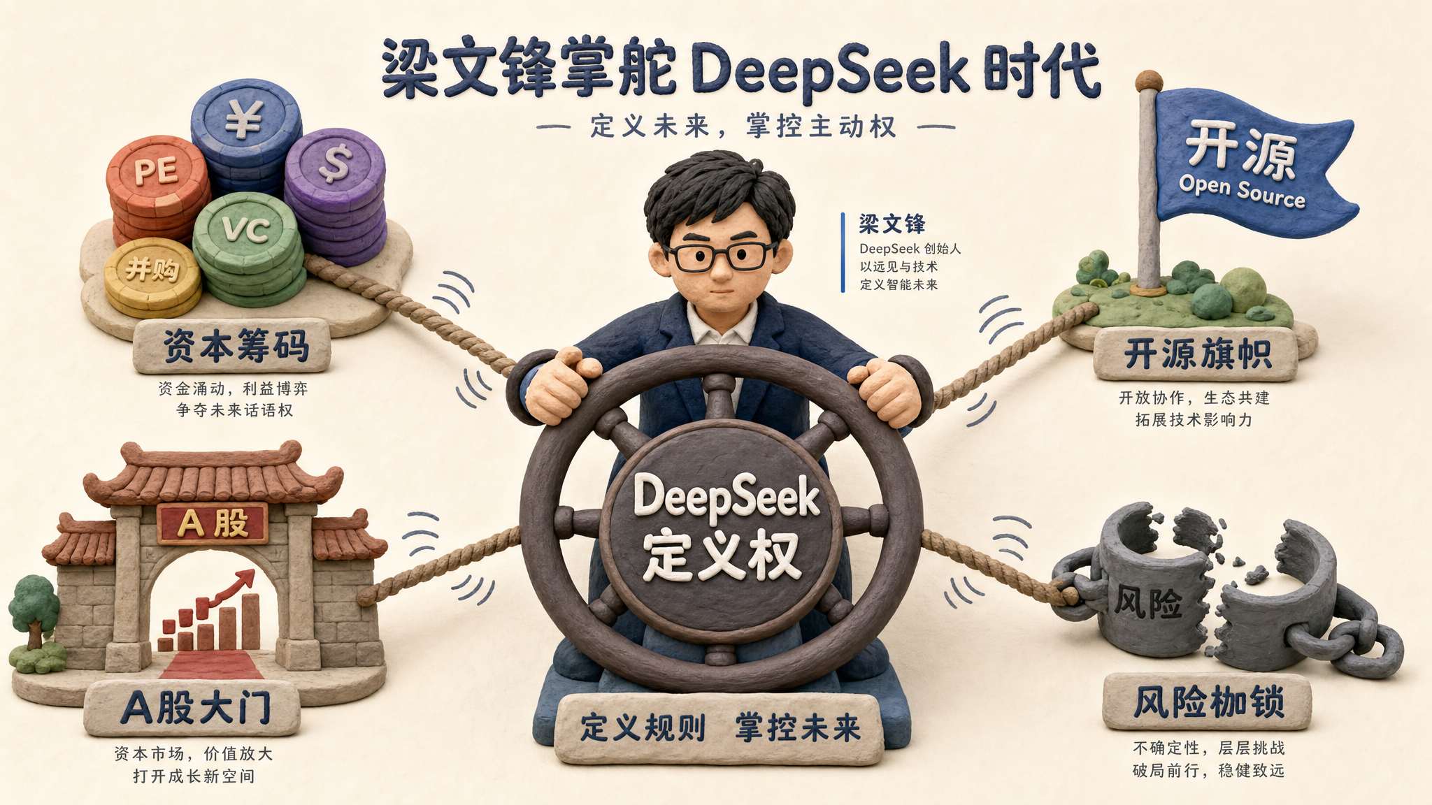 画面中央是写着 DeepSeek 定义权的方向盘,梁文锋握住方向盘,资本筹码、开源旗帜、A 股大门和风险枷锁分布在四周形成拉力,浅色背景的商业评论版橡皮泥平面信息图的统一风格。