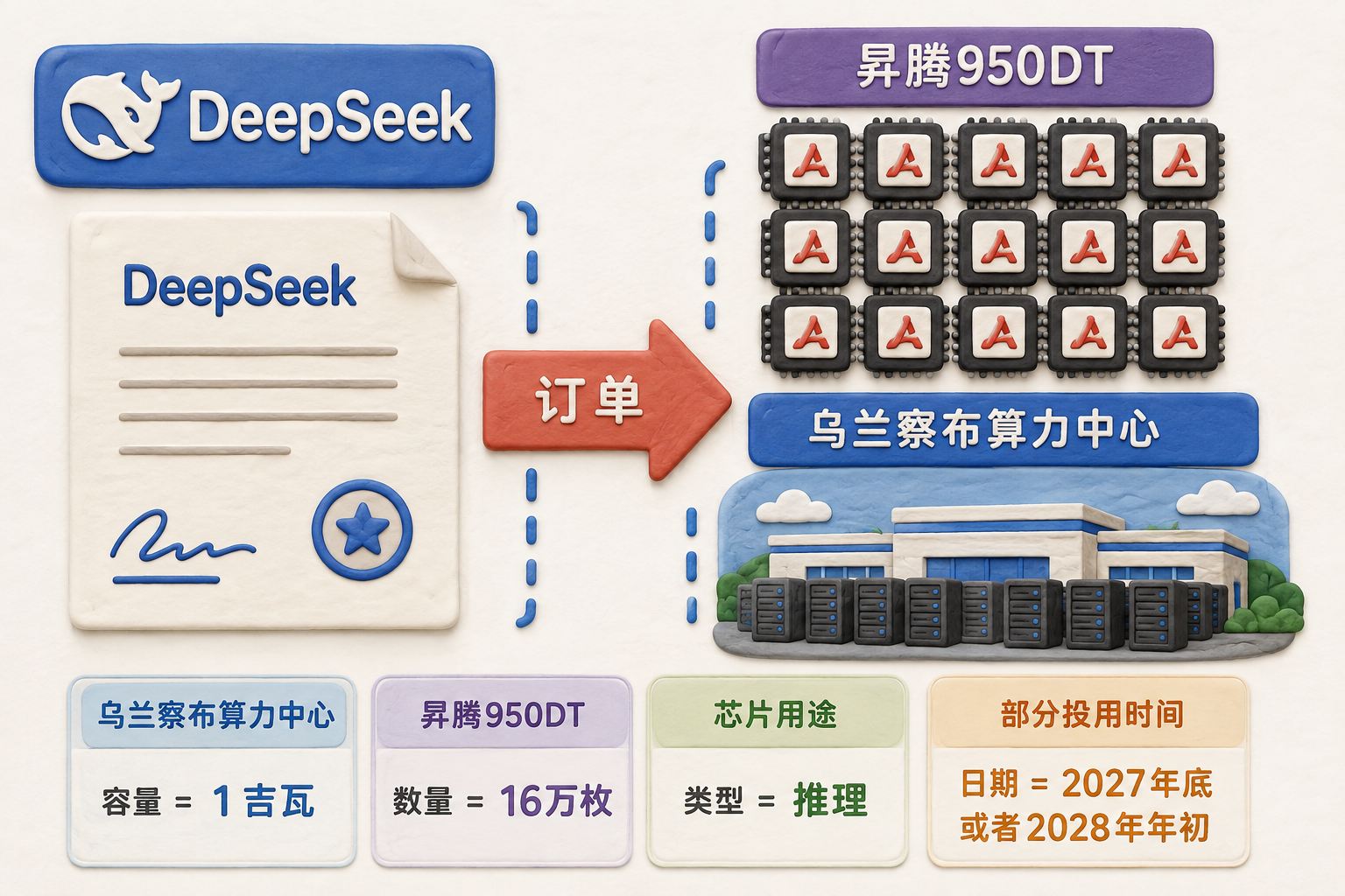 封面采用左右对照构图,左侧为DeepSeek与融资文件,右侧为华为昇腾950DT芯片阵列和乌兰察布算力中心,中间以订单箭头连接;可见事实元素:DeepSeek、昇腾950DT、乌兰察布、推理、1吉瓦、16万枚、2027年底或者2028年年初