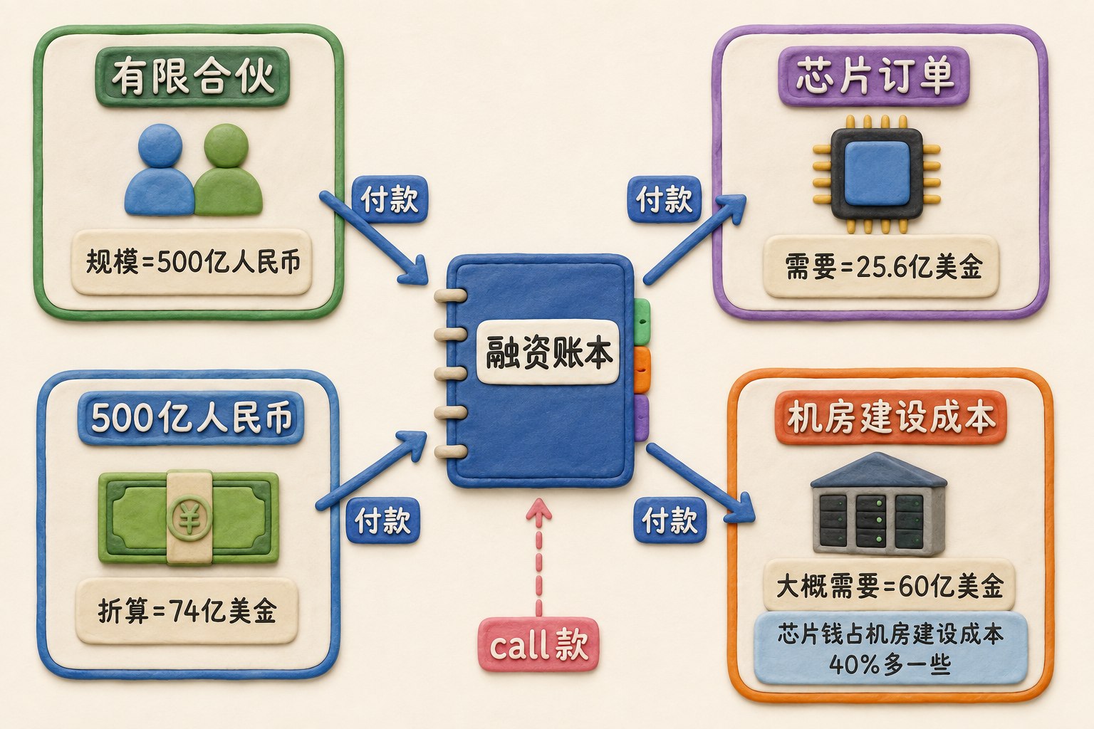 以融资账本为中心,有限合伙、call款、芯片订单和机房建设成本分列四周,用付款箭头展示资金关系;可见事实元素:500亿人民币、74亿美金、25.6亿美金、60亿美金、40%多一些、call款