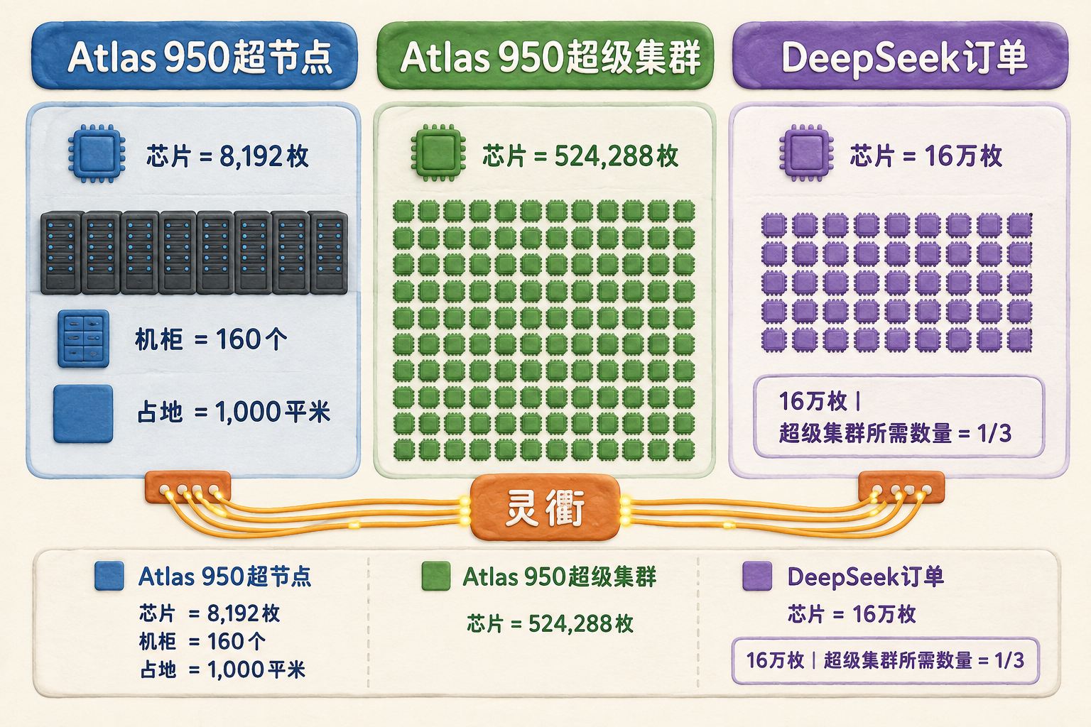 展示Atlas 950超节点、超级集群与DeepSeek订单的三级数量对照,芯片方块按规模排列,并以光纤连接表现“灵衢”;可见事实元素:Atlas 950超节点、Atlas 950超级集群、灵衢、16万枚、1/3