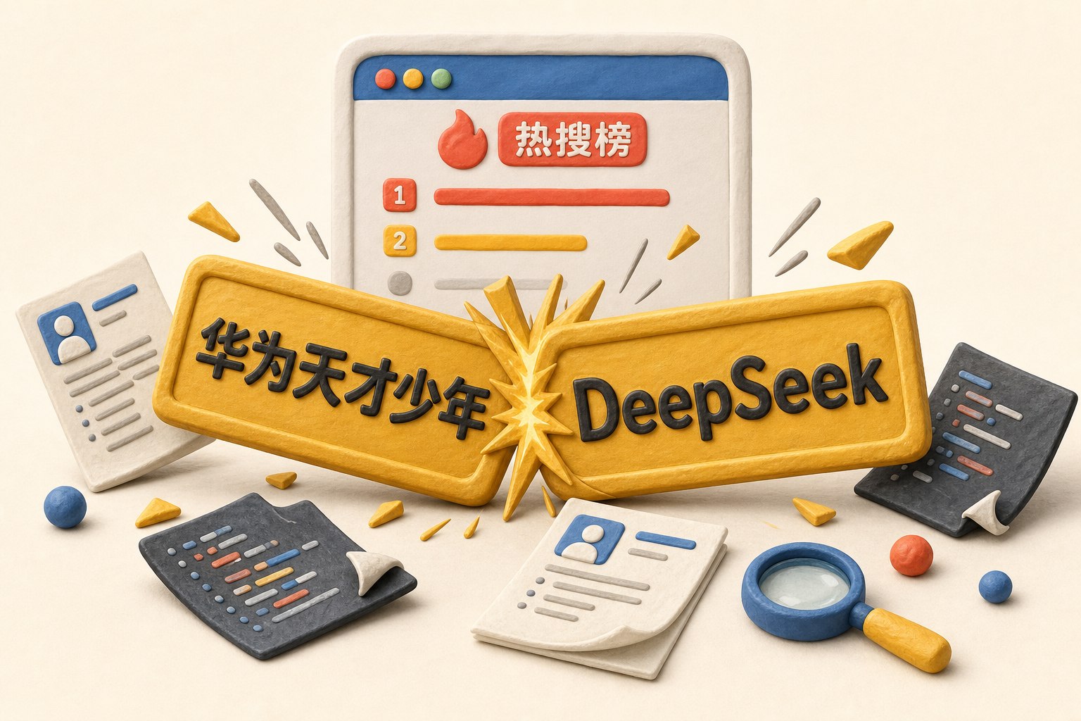 两块写着“华为天才少年”和“DeepSeek”的金色招牌在热搜榜屏幕前相撞,旁边散落简历、代码纸和放大镜,浅色背景的商业评论版橡皮泥平面信息图的统一风格。