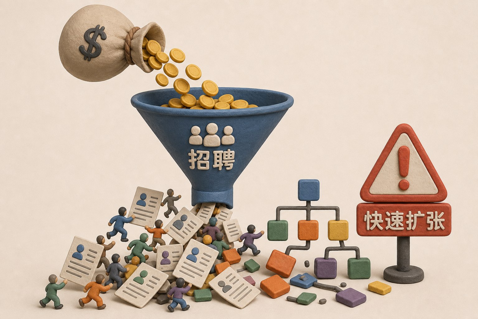 一袋融资金币倒进招聘漏斗,漏斗下方涌出混乱简历、人群和未搭好的组织架构积木,旁边有“快速扩张”的红色警示牌,浅色背景的商业评论版橡皮泥平面信息图的统一风格。