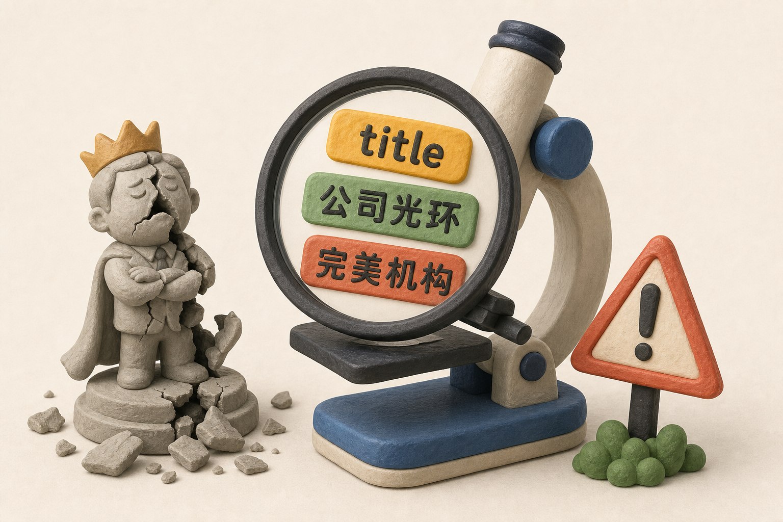 三张写着“title”“公司光环”“完美机构”的标签被放在显微镜下审视,旁边有碎裂的偶像小雕像和警示路标,浅色背景的商业评论版橡皮泥平面信息图的统一风格。