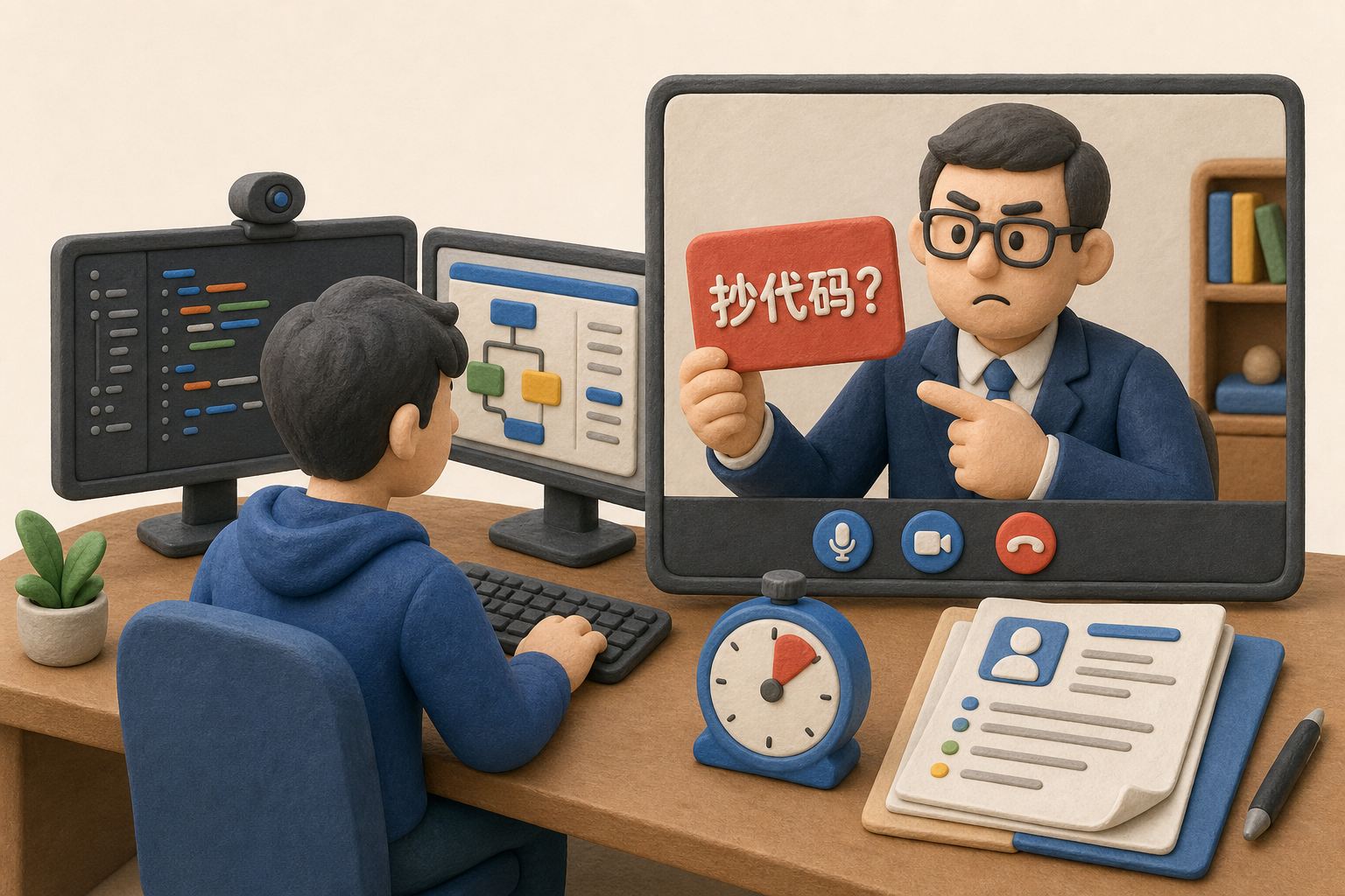 远程面试画面中候选人坐在双屏电脑前,另一端面试官举着“抄代码?”的红色提示牌,桌面上摆着计时器和简历文件,浅色背景的商业评论版橡皮泥平面信息图的统一风格。