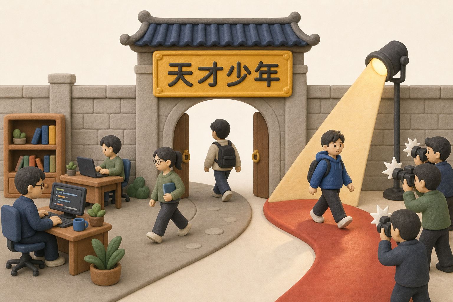 一块写着“天才少年”的金色招牌挂在高墙门楼上,几位年轻研究者从门内外分流,一边安静办公一边被聚光灯追逐,浅色背景的商业评论版橡皮泥平面信息图的统一风格。