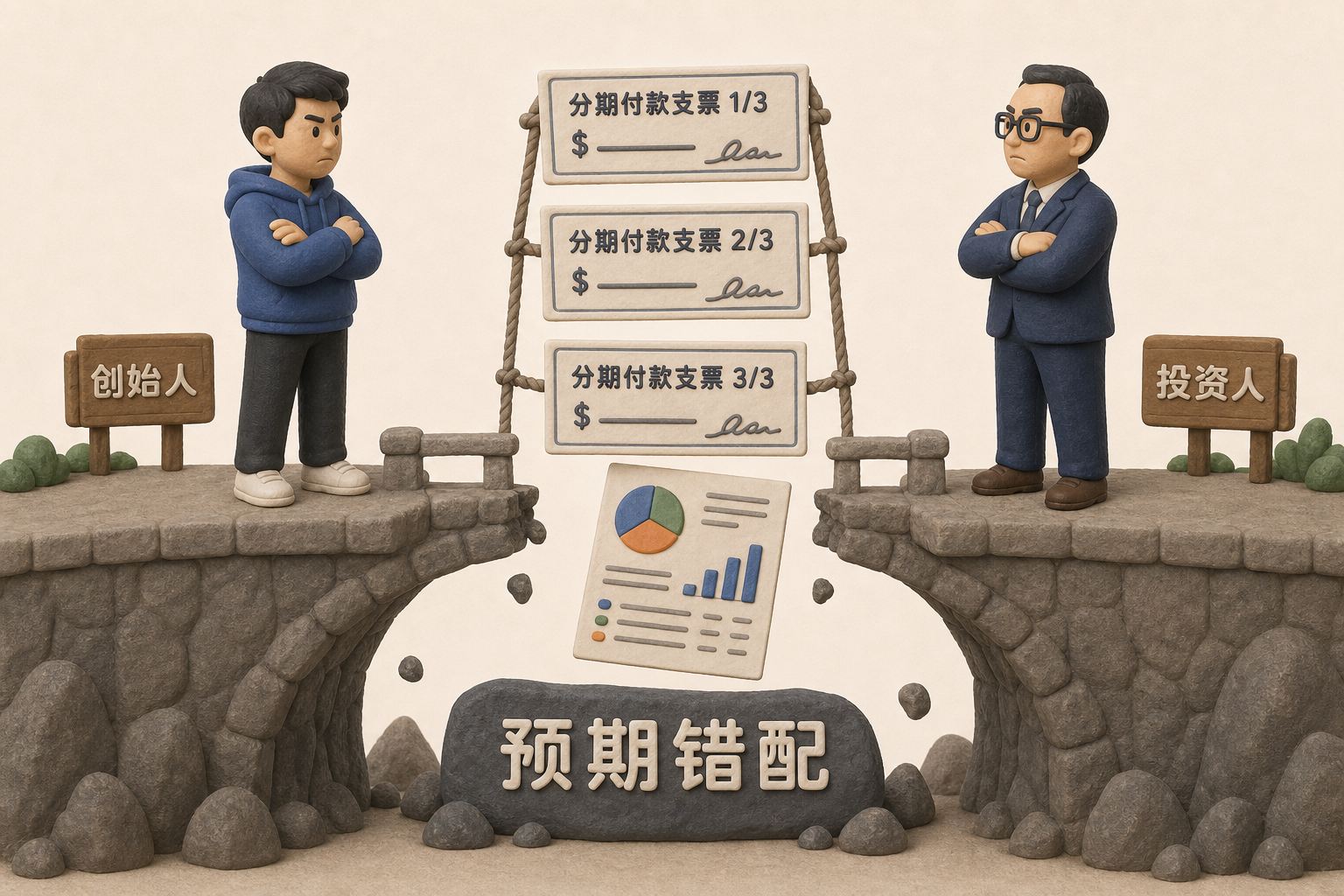 创始人和投资人站在断开的信任桥两端,中间悬着三张分期付款支票和一份财务报表,桥下写着“预期错配”,浅色背景的商业评论版橡皮泥平面信息图的统一风格。