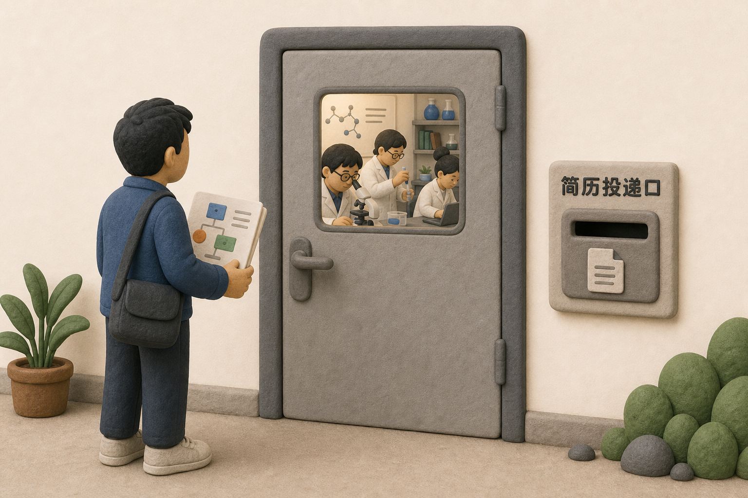 一位带着项目方案的人站在封闭实验室大门前寻找入口,门旁只有猎头简历投递口,没有合作窗口,内部团队低头做研究,浅色背景的商业评论版橡皮泥平面信息图的统一风格。
