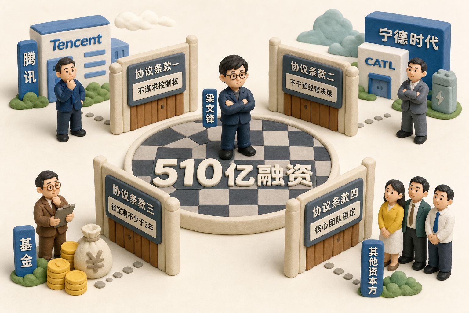 梁文锋站在写有510亿融资的棋盘中央，四条协议条款像四道门槛围住腾讯、宁德时代、基金等资本方，浅色背景的商业评论版橡皮泥平面信息图的统一风格。