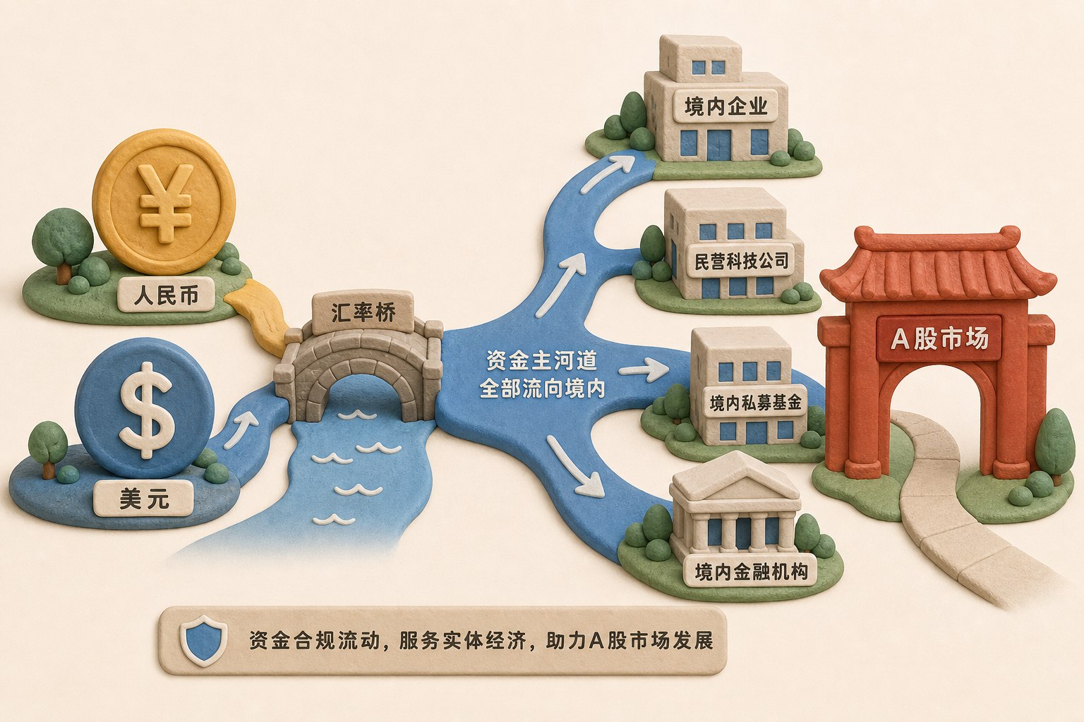 人民币硬币和美元符号通过汇率桥相连,但资金主河道全部流向境内实体和A股大门,浅色背景的商业评论版橡皮泥平面信息图的统一风格。
