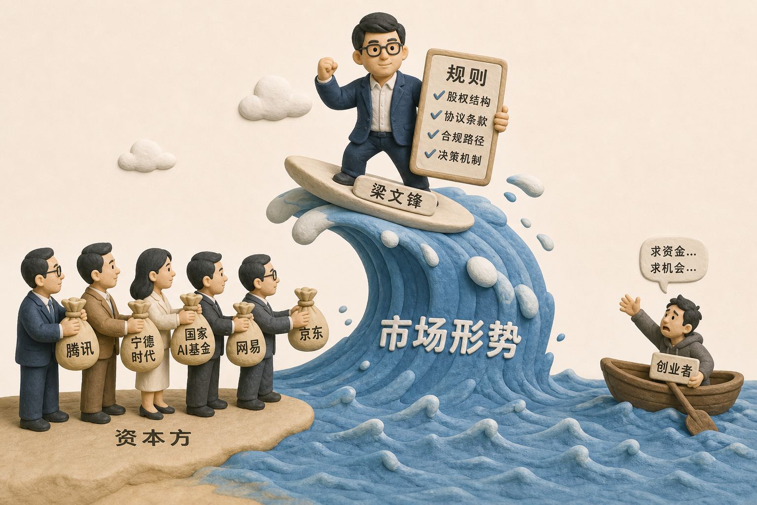 一座写着市场形势的巨浪托起梁文锋和规则牌,资本方排队递出钱袋,远处另一边是创业者四处求人拿钱的小船,浅色背景的商业评论版橡皮泥平面信息图的统一风格。