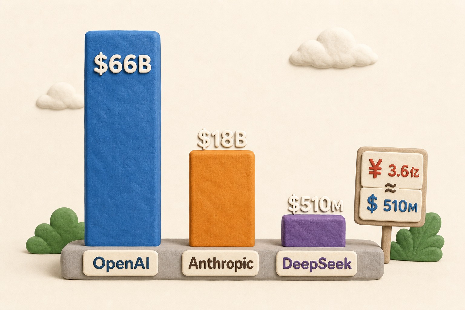 三根高低悬殊的融资柱状图分别标注OpenAI、Anthropic和DeepSeek，DeepSeek柱子旁放着人民币与美元换算小牌，浅色背景的商业评论版橡皮泥平面信息图的统一风格。