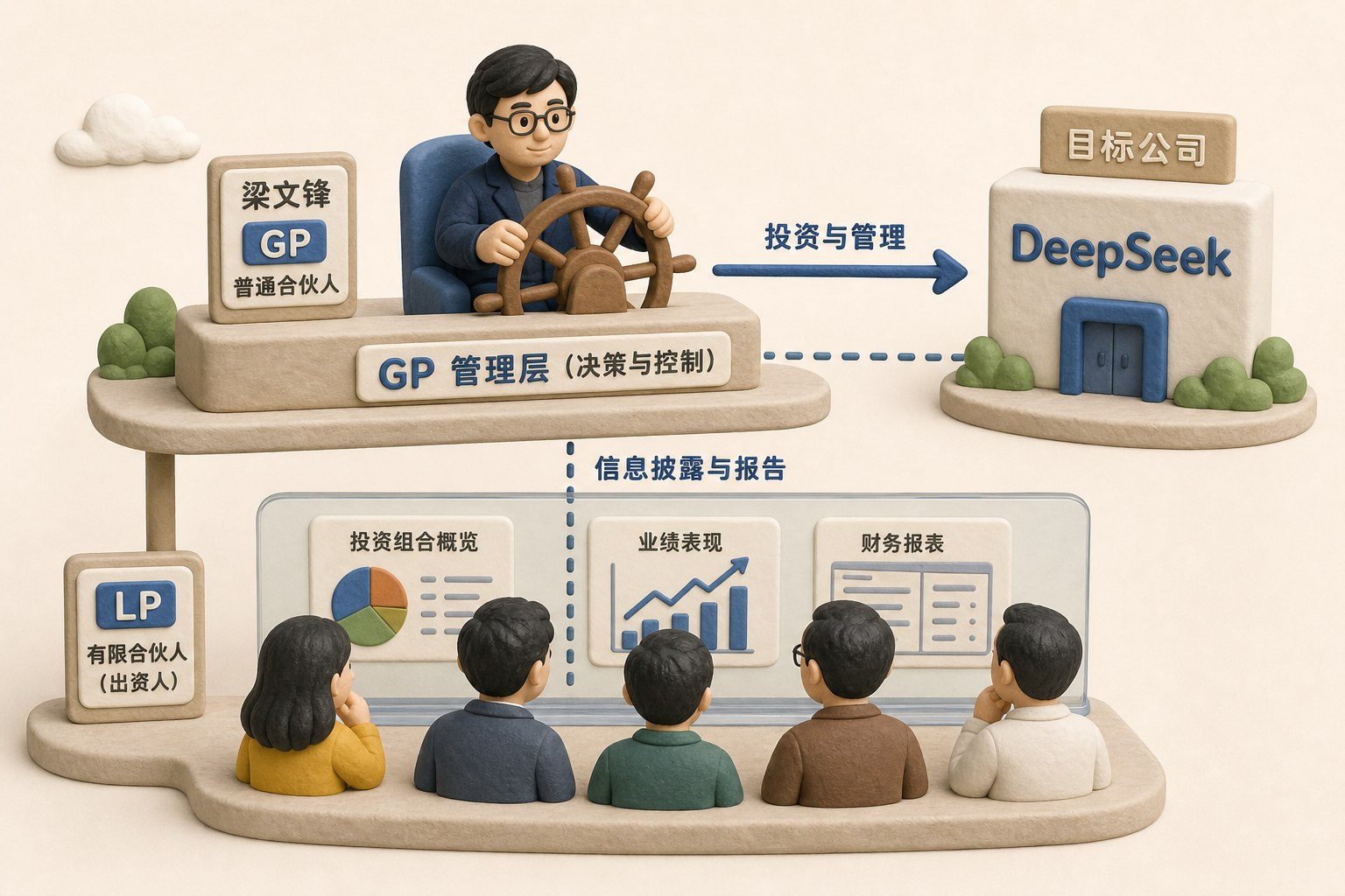 一个双层公司结构示意图,上层梁文锋作为GP握着方向盘,下层多位LP投资人只能隔着透明屏幕查看报表,箭头指向DeepSeek公司,浅色背景的商业评论版橡皮泥平面信息图的统一风格。