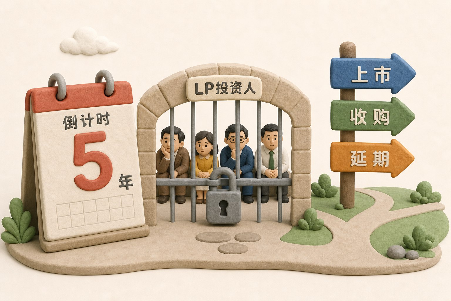 五年倒计时日历前,LP投资人坐在锁住的大门内等待,门外有上市、收购、延期三条岔路指示牌,浅色背景的商业评论版橡皮泥平面信息图的统一风格。
