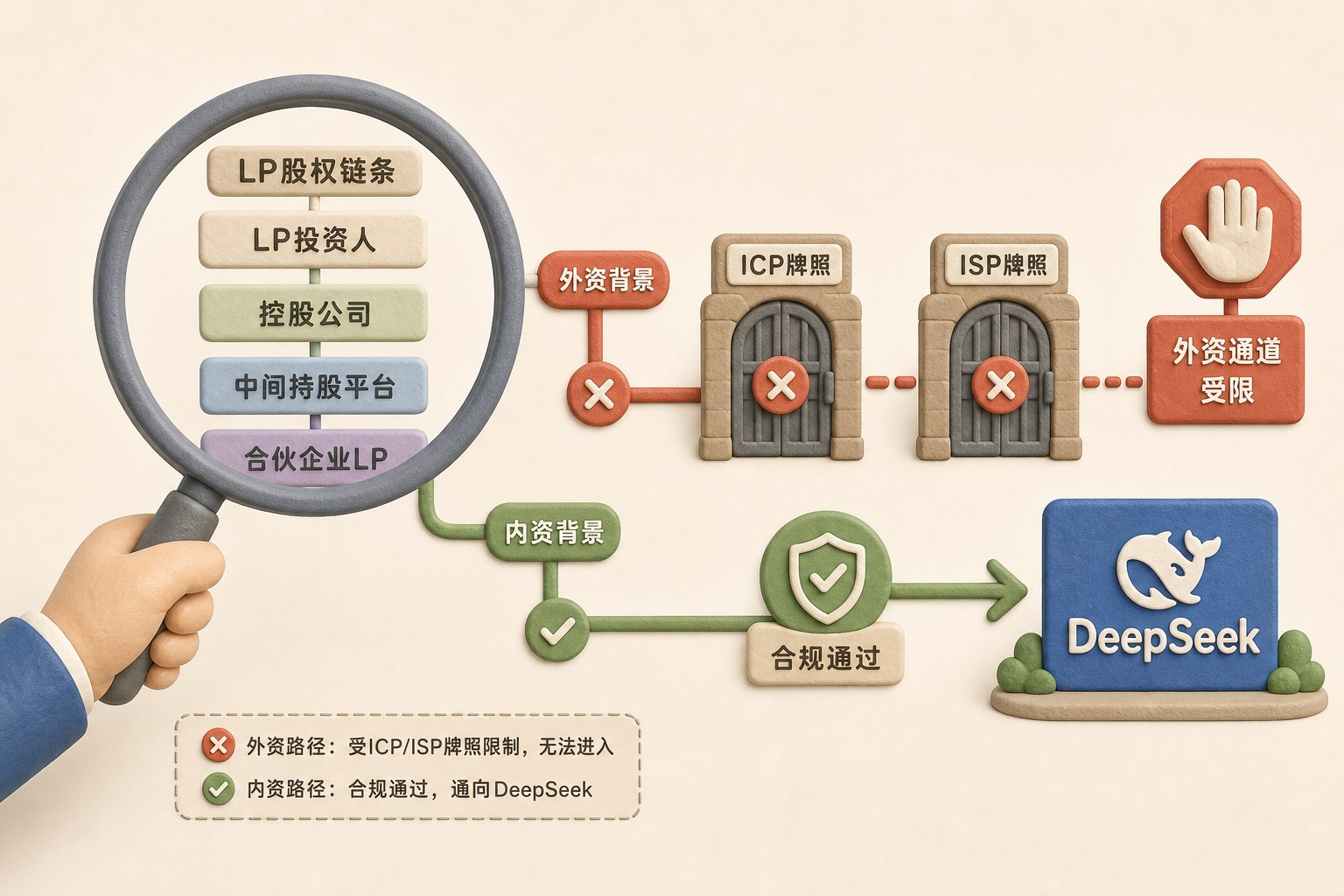 放大镜逐层检查LP股权链条,红色外资标记被挡在ICP和ISP牌照门外,内资通道通向DeepSeek,浅色背景的商业评论版橡皮泥平面信息图的统一风格。