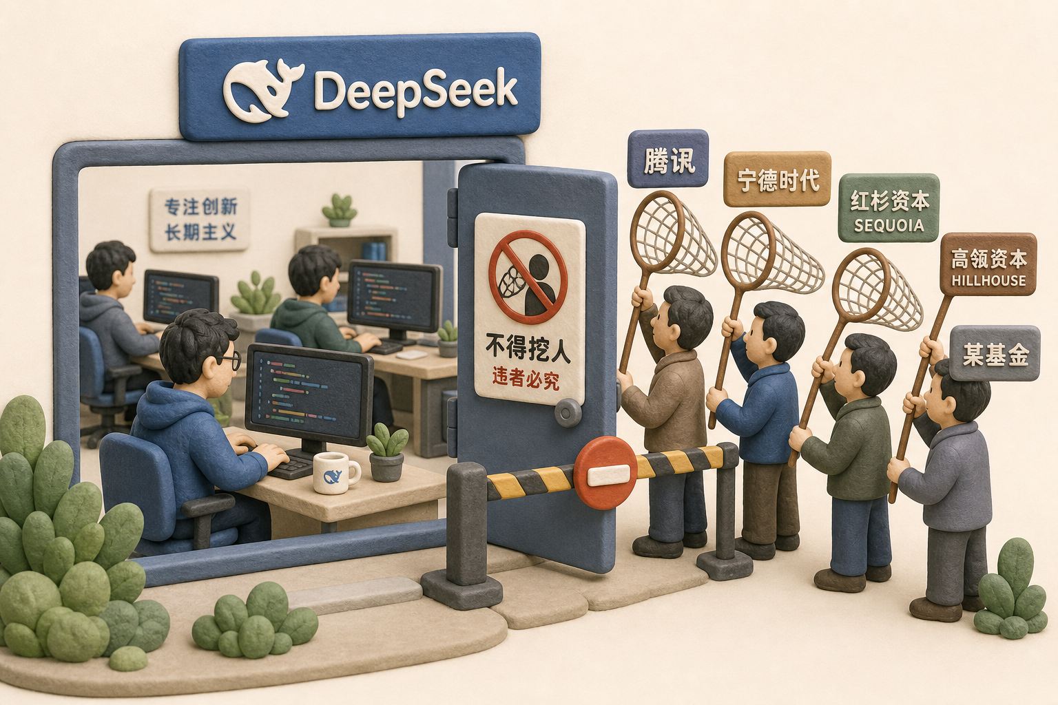 DeepSeek办公室门口贴着不得挖人告示,几只写有投资方名字的小猎头网兜被拦在门外,内部工程师专注看代码屏幕,浅色背景的商业评论版橡皮泥平面信息图的统一风格。