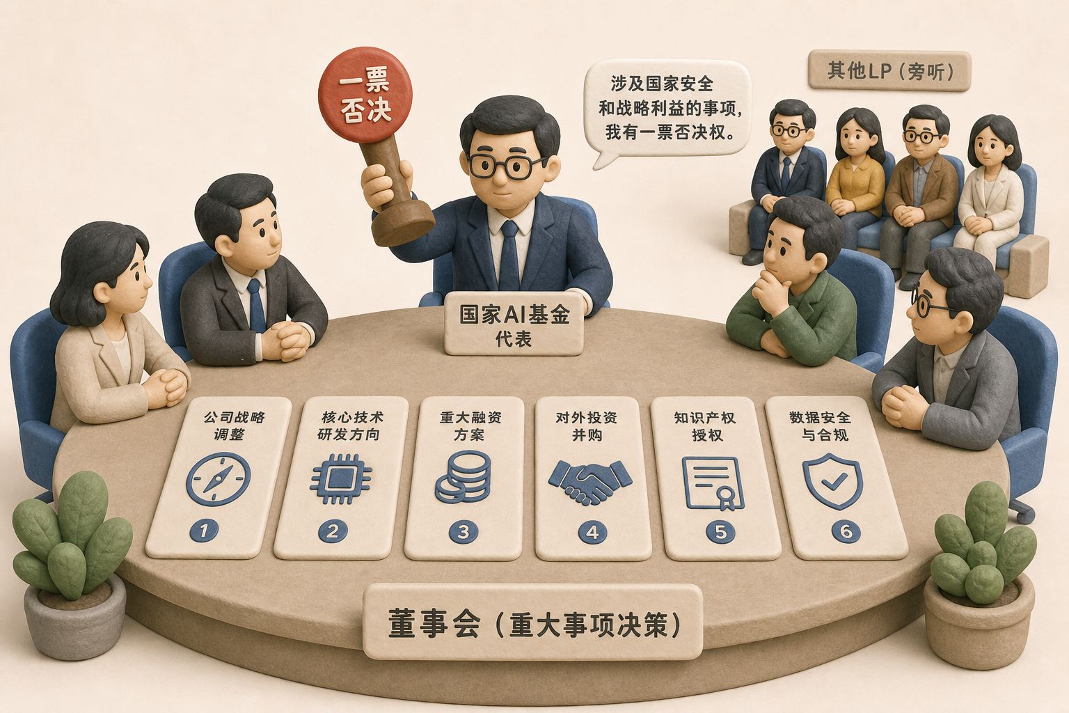 国家AI基金代表坐在董事会圆桌一侧,手中举着一票否决印章,桌面六张重大事项卡片依次排开,其他LP在远处旁听,浅色背景的商业评论版橡皮泥平面信息图的统一风格。