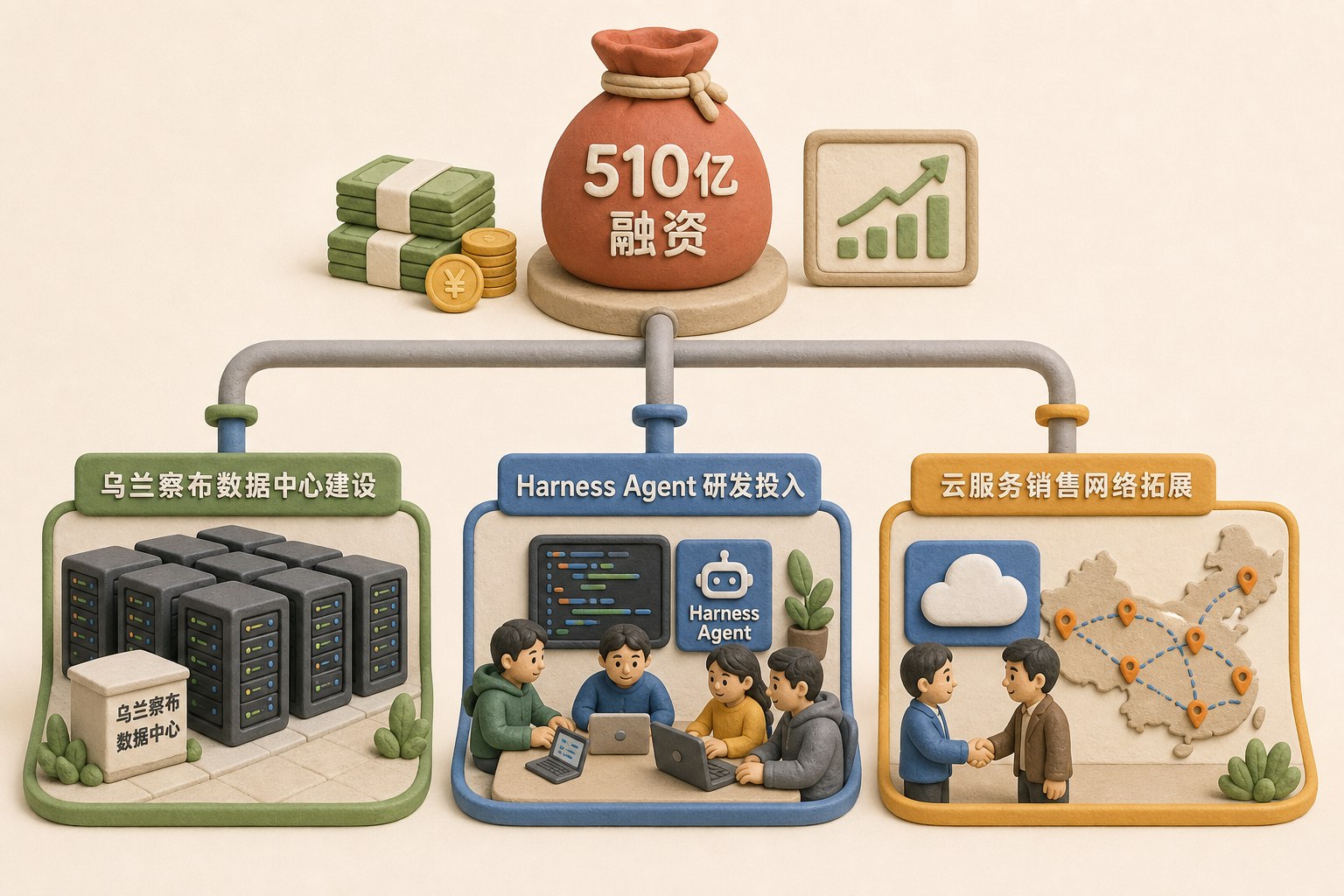 510亿资金分成三条流水线,一条流向乌兰察布数据中心机柜,一条流向Harness Agent研发团队,一条流向云服务销售网络,浅色背景的商业评论版橡皮泥平面信息图的统一风格。