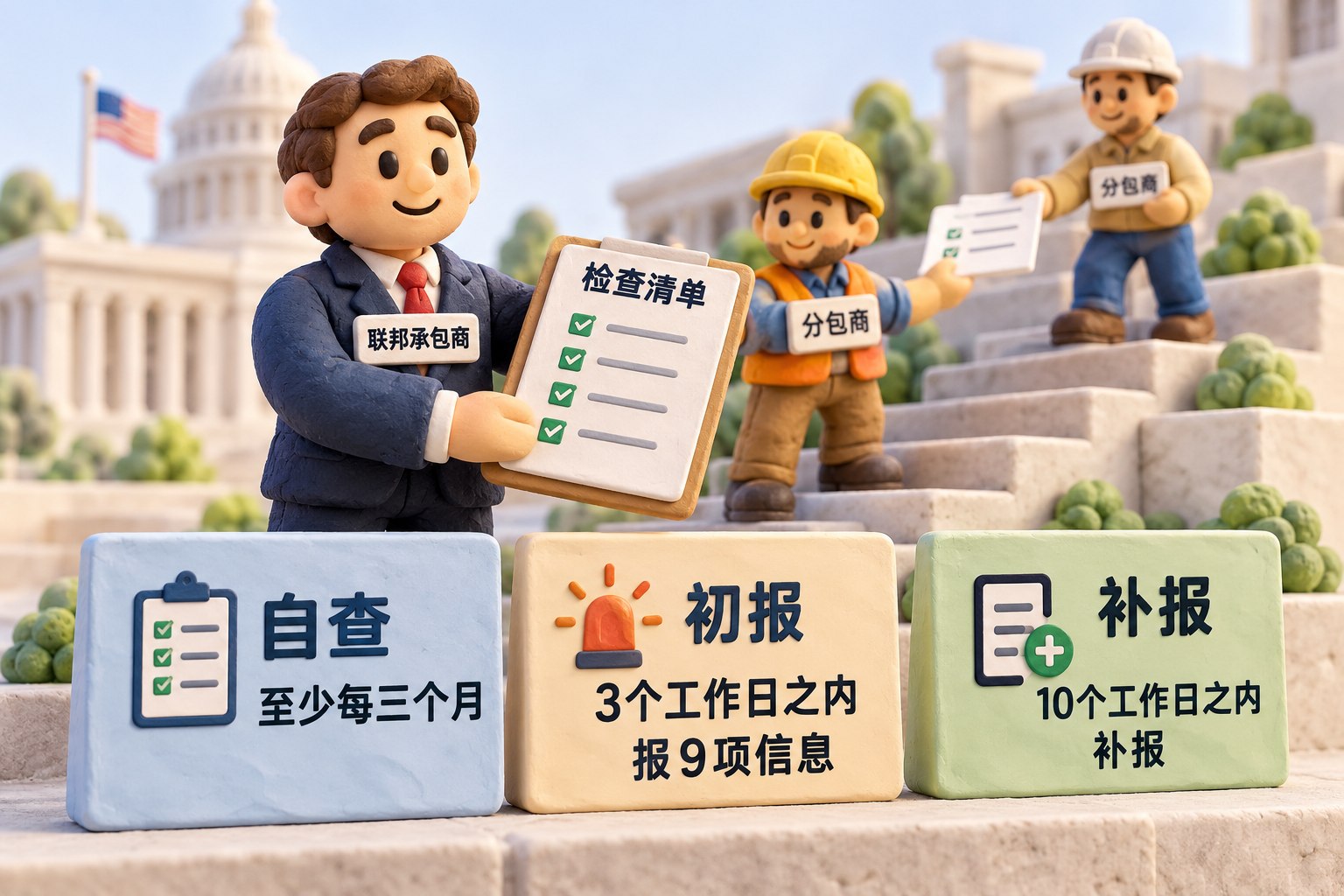 联邦承包商自查:一个主承包商橡皮泥人物拿着检查清单,身后两位分包商人物沿有纵深的微缩阶梯接到同一份文件,前景用三块厚实小标牌说明报告要求,文字大而疏朗;可见事实元素:联邦承包商的自查、初报和补报要求,不将这些要求画成DeepSeek承担的处罚