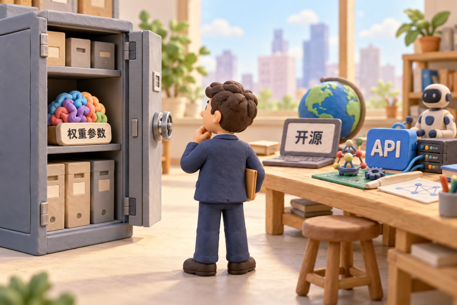 技术出口目录的管理边界:左侧微缩柜中收起带“权重参数”字样的橡皮泥模型核心,右侧开敞工作台放置标有“开源”和“API”的模型工具,文件管理员面对两侧不同对象;通过实体道具的空间关系表达本文所说的管理范围差异,不画成全部模型关闭