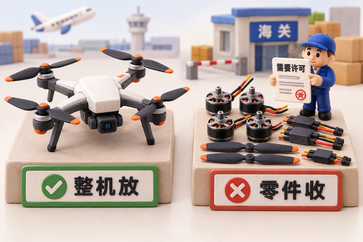 无人机整机与零件的不同出口要求:左侧放一架完整四旋翼橡皮泥无人机,右侧放大展示电机、调速器和桨叶,右侧道具旁是一位持许可文件的微缩工作人员,零件大而可辨认;不描绘战果或领导人会晤