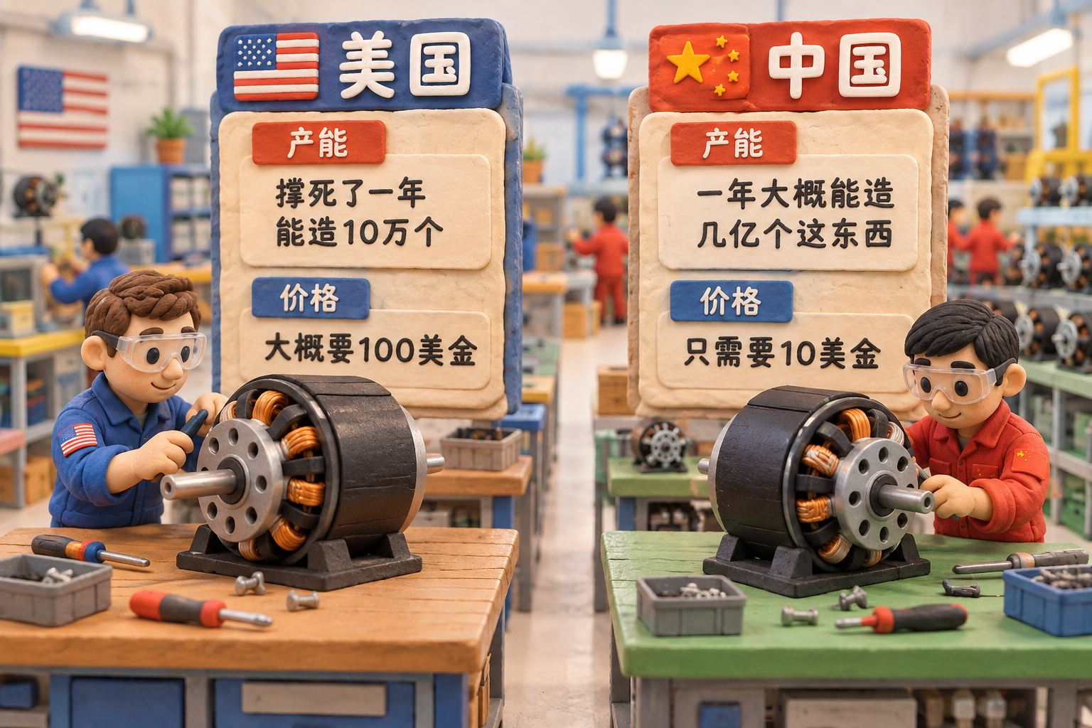 无刷电机供应能力和价格的对比:两张有纵深的手工捏塑工作台分别标注“美国”“中国”,桌上各摆一只放大的无刷电机,后方竖起两块厚实橡皮泥标牌,清晰分行显示产能与价格,保留原文限定语;道具数量不代表产量比例,不画比例柱