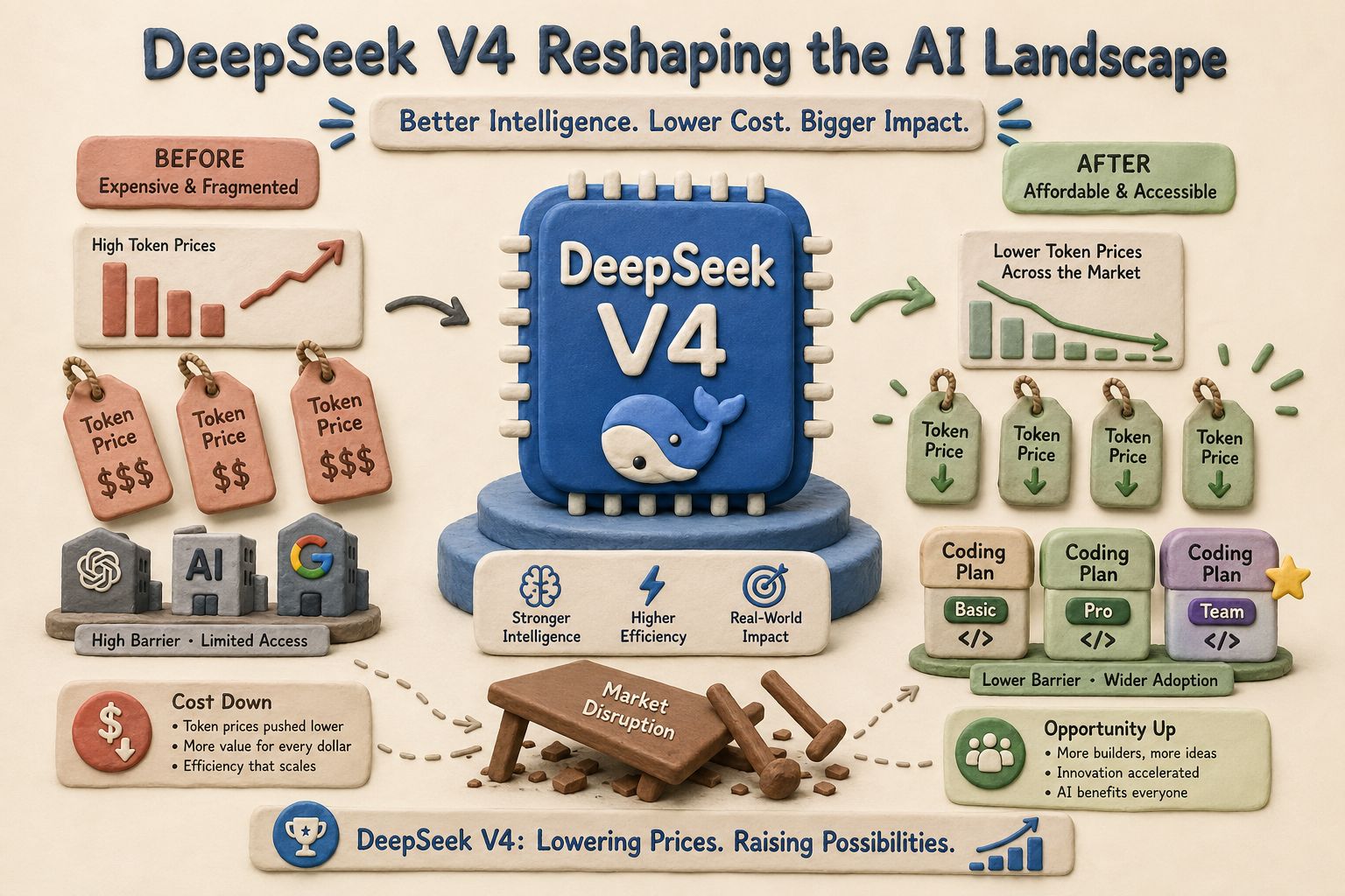  DeepSeek V4 化作蓝色橡皮泥芯片站在中央，周围是被压低的 Token 价格牌、Coding Plan 订阅盒和被掀起的小桌子，构图像一张商业格局变化总览图，浅色背景的商业评论版橡皮泥平面信息图的统一风格。