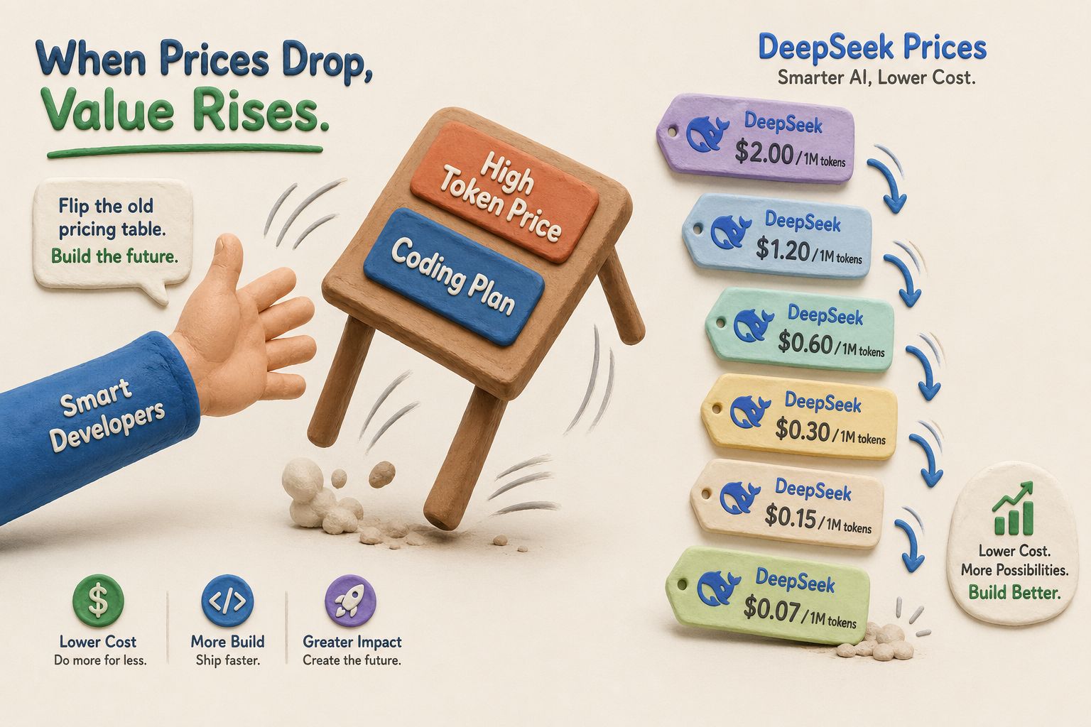 一只橡皮泥手把写着高 Token 价格和 Coding Plan 的小桌子掀翻，另一侧 DeepSeek 价格牌连续下落形成阶梯，浅色背景的商业评论版橡皮泥平面信息图的统一风格。