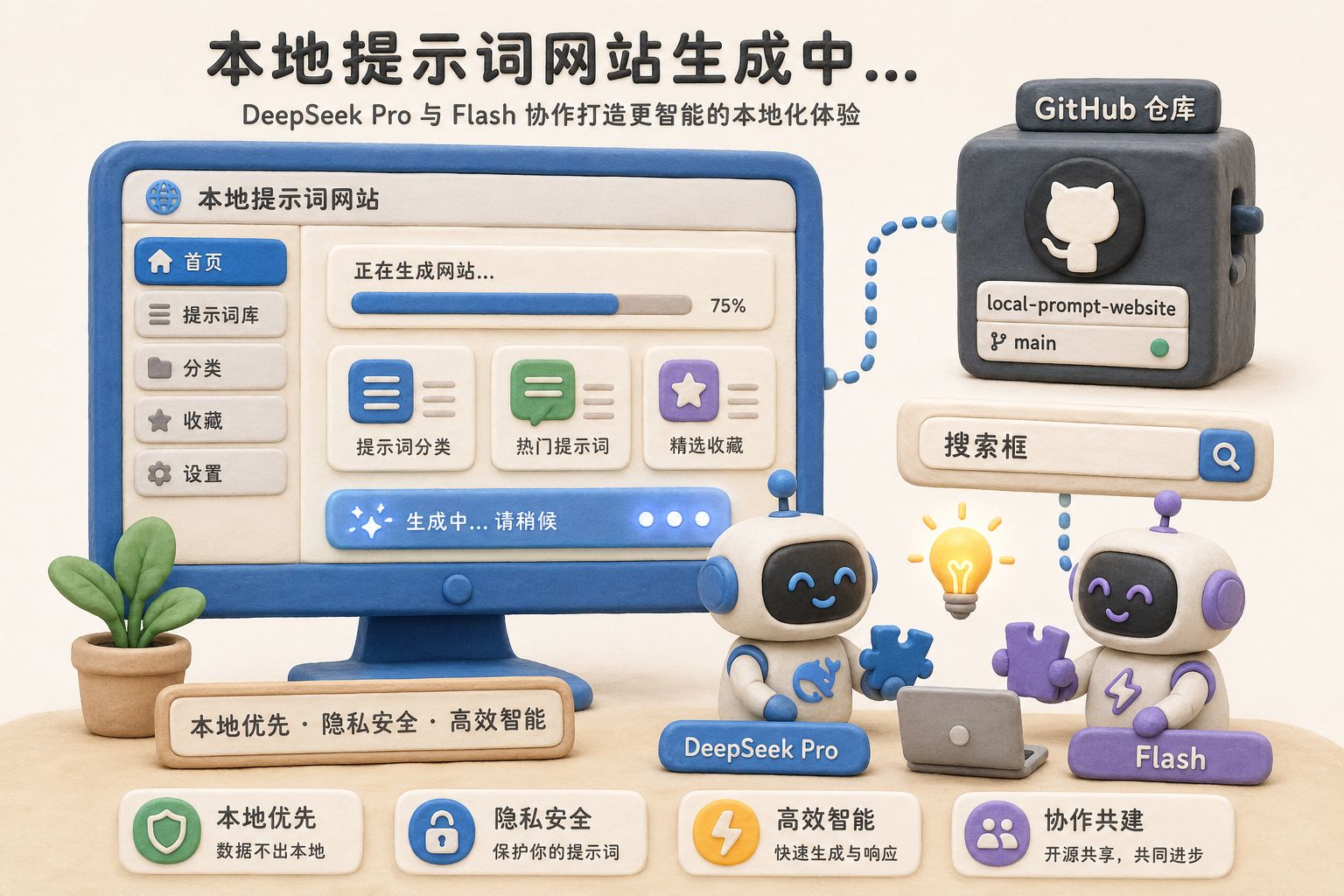 橡皮泥电脑屏幕里一个本地提示词网站正在生成，旁边有 GitHub 仓库盒子、搜索框和 DeepSeek Pro 与 Flash 两个小机器人协作，浅色背景的商业评论版橡皮泥平面信息图的统一风格。