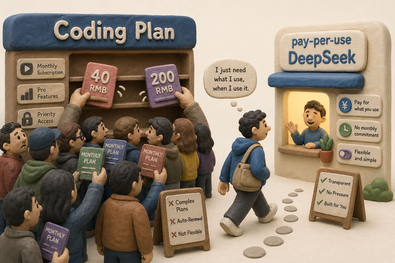 用户从排队抢购 Coding Plan 的拥挤柜台转身离开，走向标着按量付费 DeepSeek 的明亮小窗口，货架上 40 元和 200 元套餐牌被取下，浅色背景的商业评论版橡皮泥平面信息图的统一风格。