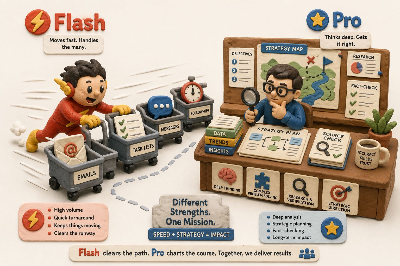 两个橡皮泥模型角色分工协作，Flash 推着大量轻任务小车快速通过，Pro 站在后方处理复杂规划地图和事实核查文件，浅色背景的商业评论版橡皮泥平面信息图的统一风格。