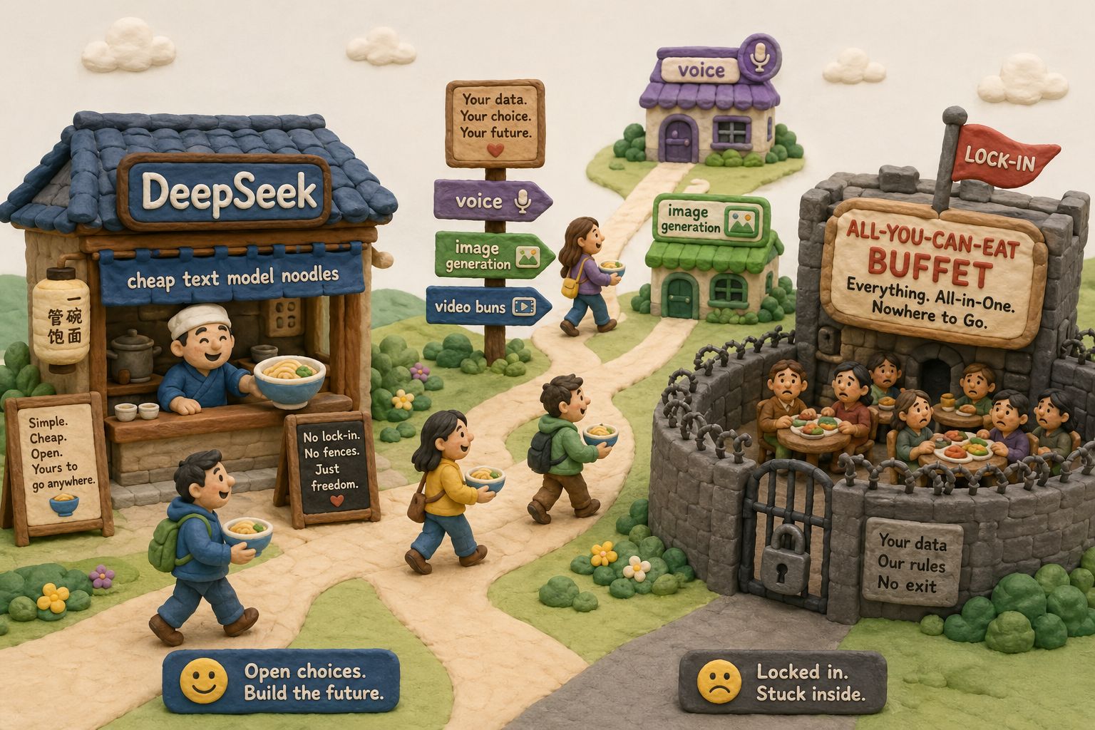 DeepSeek 小面馆只卖一碗便宜文本模型面，顾客吃完后自由走向语音、绘图、视频包子铺，远处封闭自助餐大楼用围栏锁住用户，浅色背景的商业评论版橡皮泥平面信息图的统一风格。