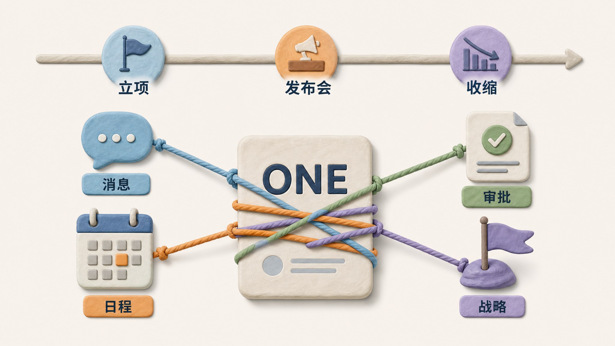 一条从“立项”到“发布会”再到“收缩”的时间线横穿画面,ONE产品卡片被消息、日程、审批和战略旗帜多重绳索绑住,浅色背景的商业评论版橡皮泥平面信息图的统一风格。