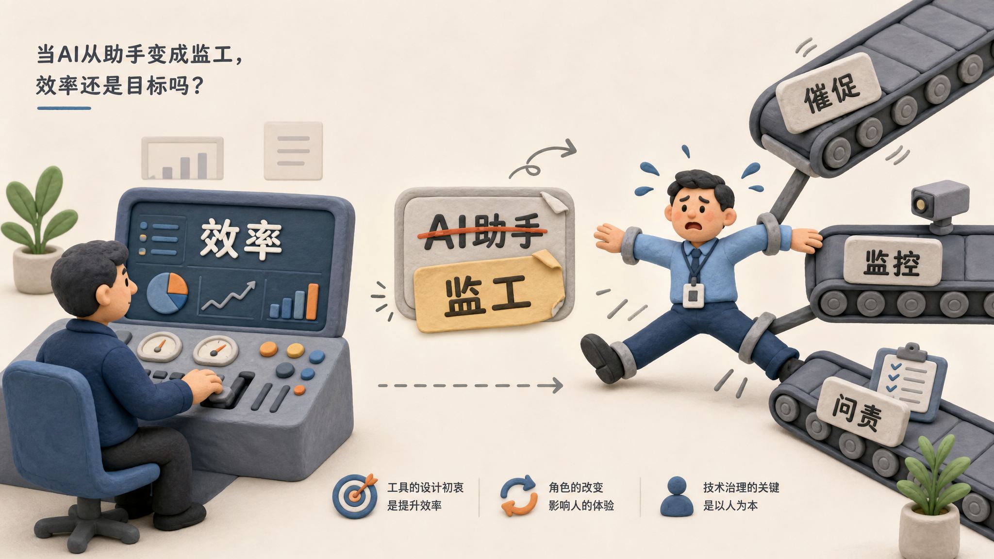 左侧管理者操作写有“效率”的控制台,右侧员工被催促、监控、问责三条传送带拉扯,中间AI助手牌子被改成监工牌子,浅色背景的商业评论版橡皮泥平面信息图的统一风格。