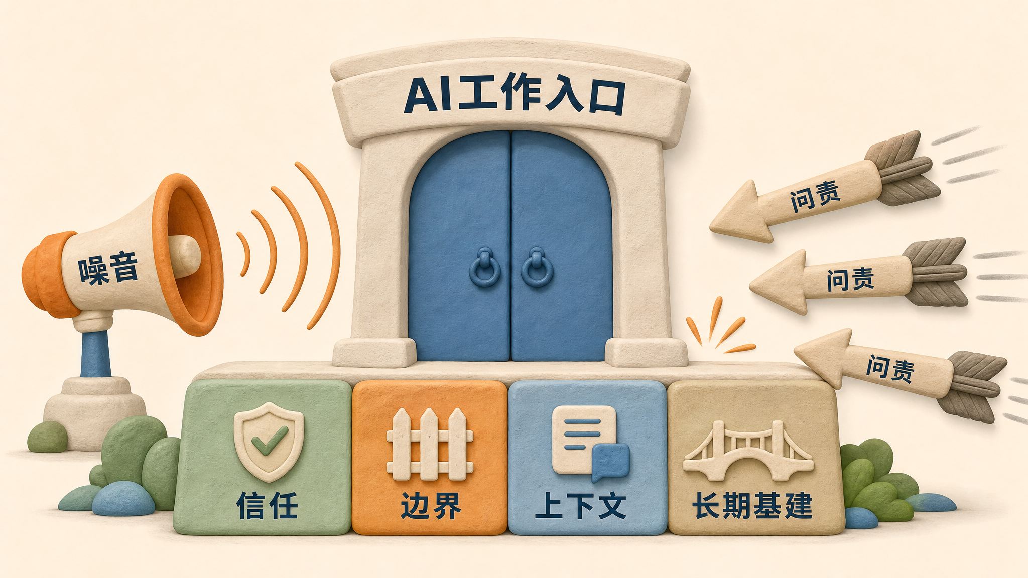 AI工作入口被分成四块地基,分别写着信任、边界、上下文、长期基建,旁边噪音喇叭和问责箭头试图冲进大门,浅色背景的商业评论版橡皮泥平面信息图的统一风格。