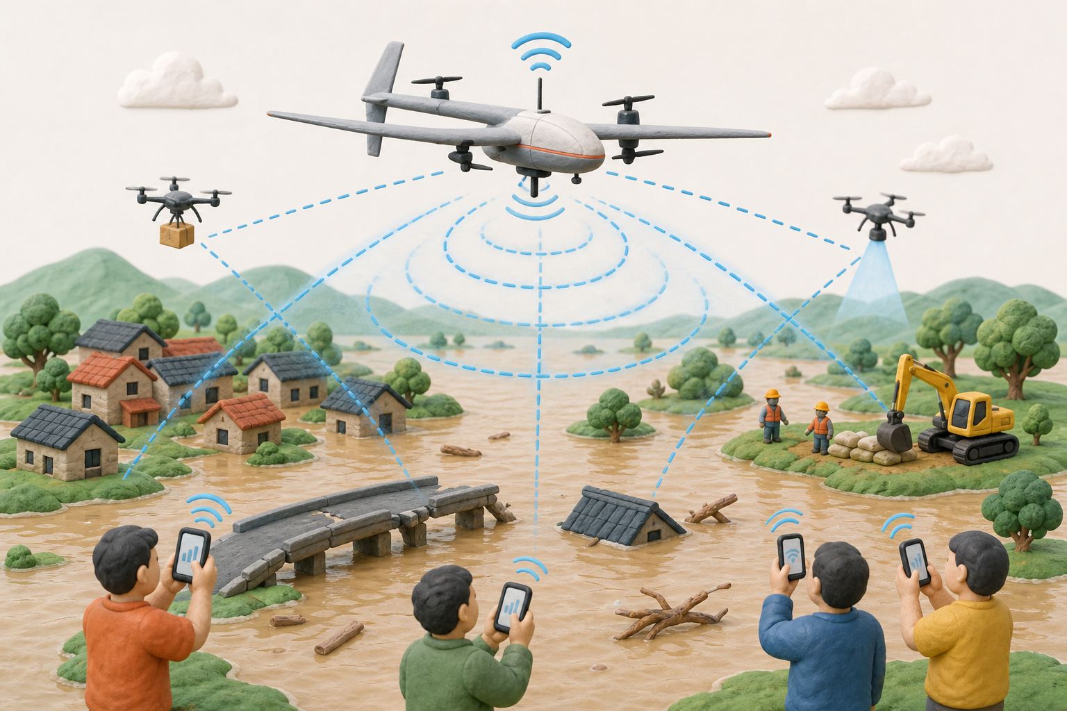 一架复合翼无人机在灾区上空盘旋成为空中基站，手机信号波纹覆盖被洪水隔断的村庄和正在作业的无人机队，浅色背景的商业评论版橡皮泥平面信息图的统一风格。
