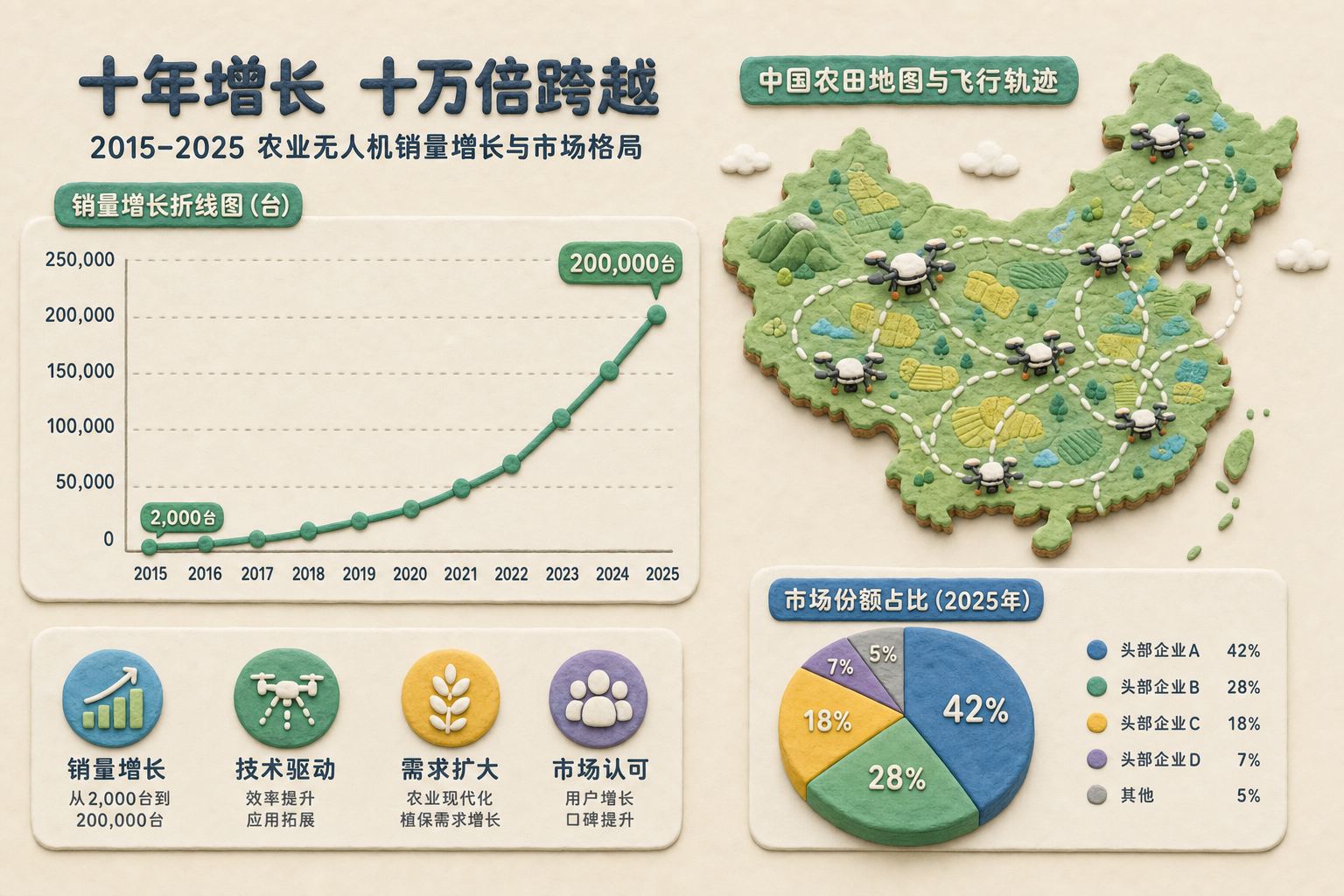 十年销量增长折线从2015年的两千台爬升到2025年的二十万台，旁边中国农田地图上布满飞行轨迹和市场份额饼图，浅色背景的商业评论版橡皮泥平面信息图的统一风格。