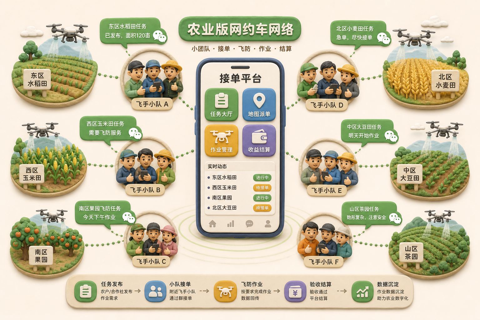 手机接单平台位于画面中心，周围分散的小团队飞手通过微信群气泡连接到不同农田任务点，构成农业版滴滴网络，浅色背景的商业评论版橡皮泥平面信息图的统一风格。