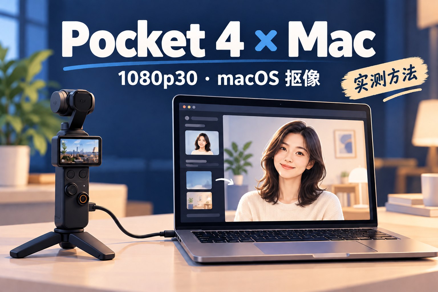 博客封面,现代数码技术编辑插画,一台 Mac 笔记本通过 USB 线连接一台按 DJI 官方产品图绘制的 DJI Osmo Pocket 4 手持三轴云台相机,具有顶部云台镜头、横向旋转触摸屏、屏幕下两个功能按钮及下方摇杆和橙色录制按钮,电脑屏幕用示意人像展示清晰的人物轮廓与替换后的简洁背景,设备外观采用概念化绘制而非冒充真实产品照片或操作截图,画面主标题严格写 Pocket 4 × Mac,副标题严格写 1080p30 · macOS 抠像,角落写 实测方法,干净的深蓝与暖白配色,专业但亲切,清晰易读,画面只使用这三组文字,不增加配置名称、帧率或其他事实,