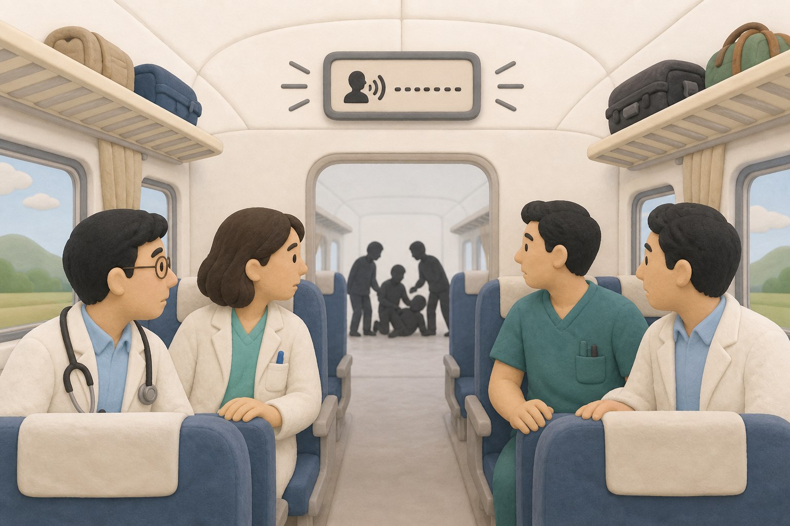 长途火车车厢里广播正在求助,几名医生彼此对望却停在座位旁,远处急需帮助的旅客只以剪影表现,横向场景构图,不显示任何数字或法律结论,浅色背景的商业评论版橡皮泥平面信息图的统一风格。